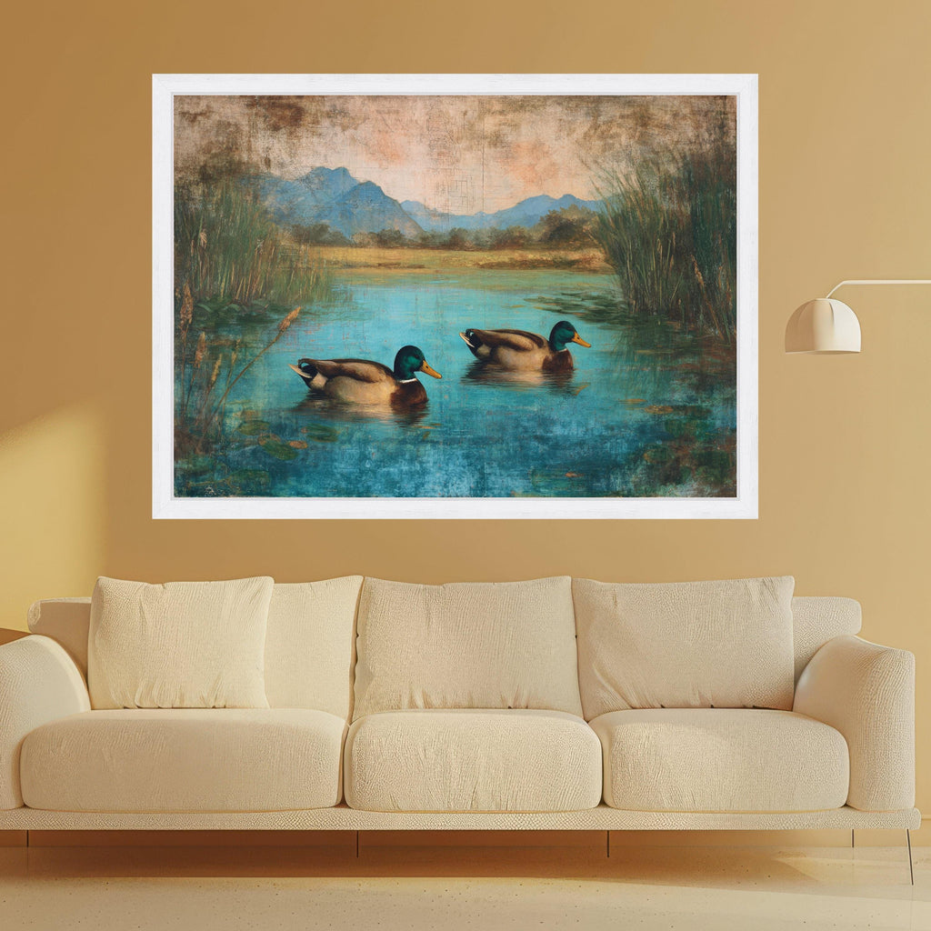 Tranquil Ducks on Blue Pond Canvas, Nature Wildlife Wall Art, Rustic Lake Landscape Painting, Home Decor Canvas Print