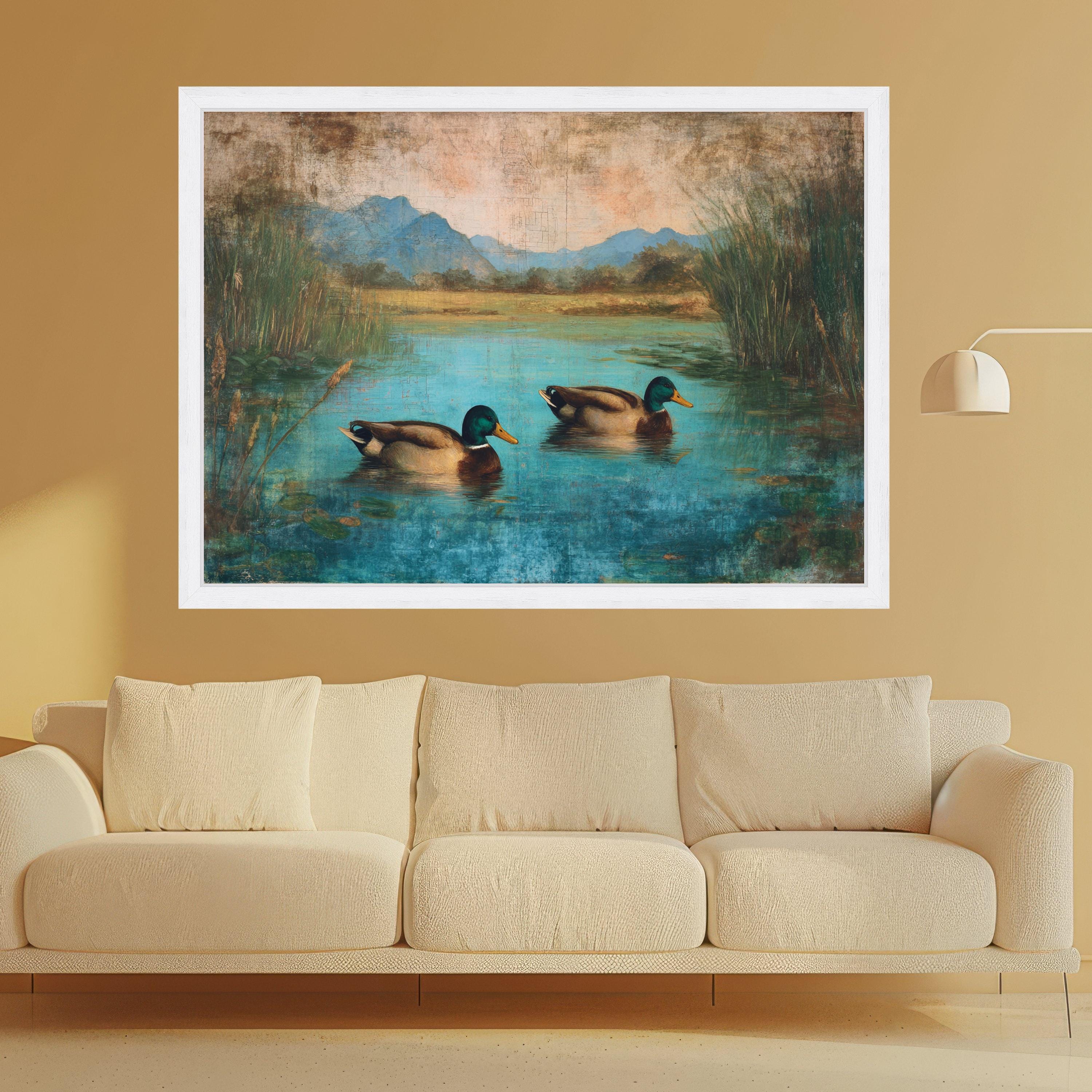 Tranquil Ducks on Blue Pond Canvas, Nature Wildlife Wall Art, Rustic Lake Landscape Painting, Home Decor Canvas Print