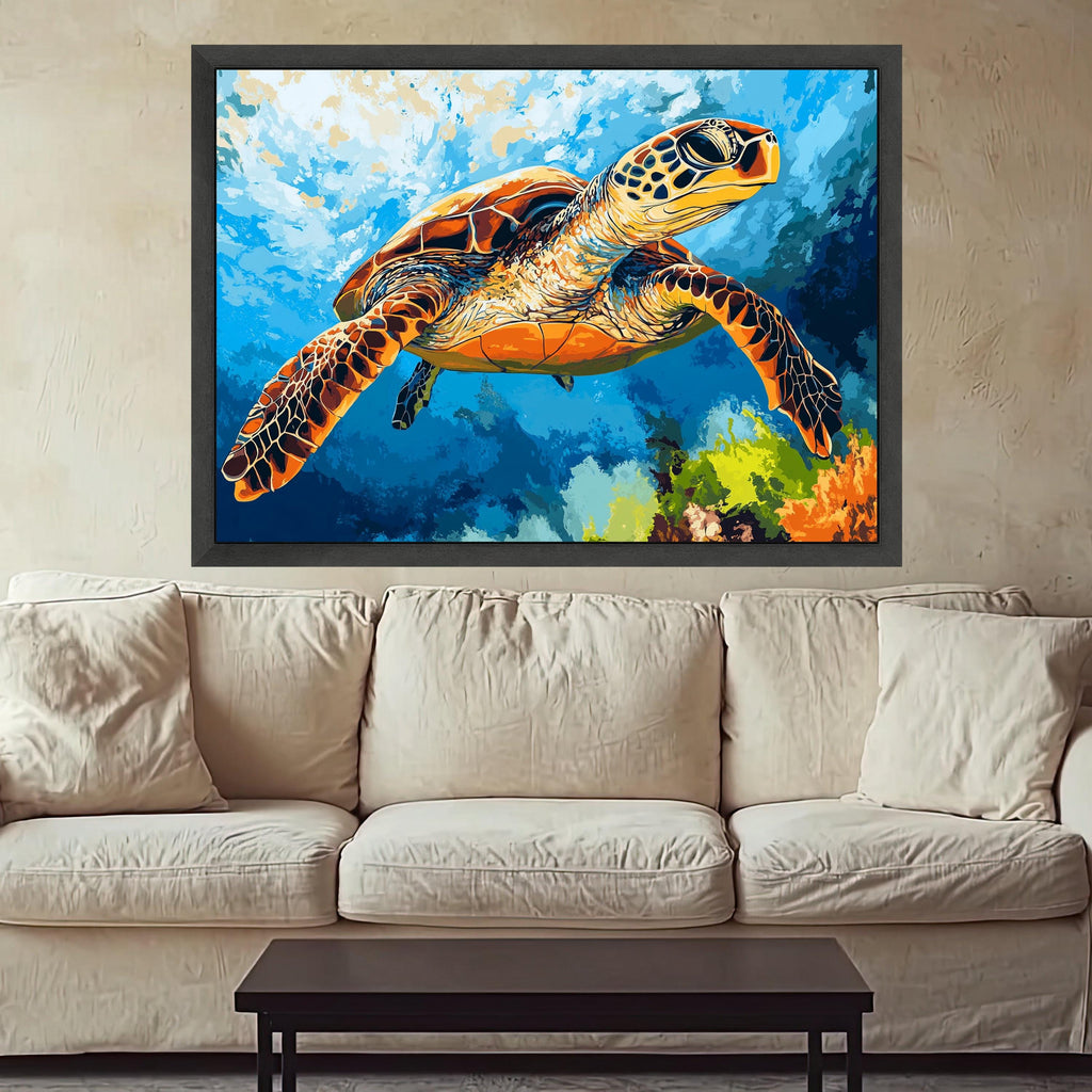 Vibrant Sea Turtle Canvas, Ocean Underwater Art, Marine Life Wall Decor, Tropical Reef Canvas, Colorful Sea Turtle Painting