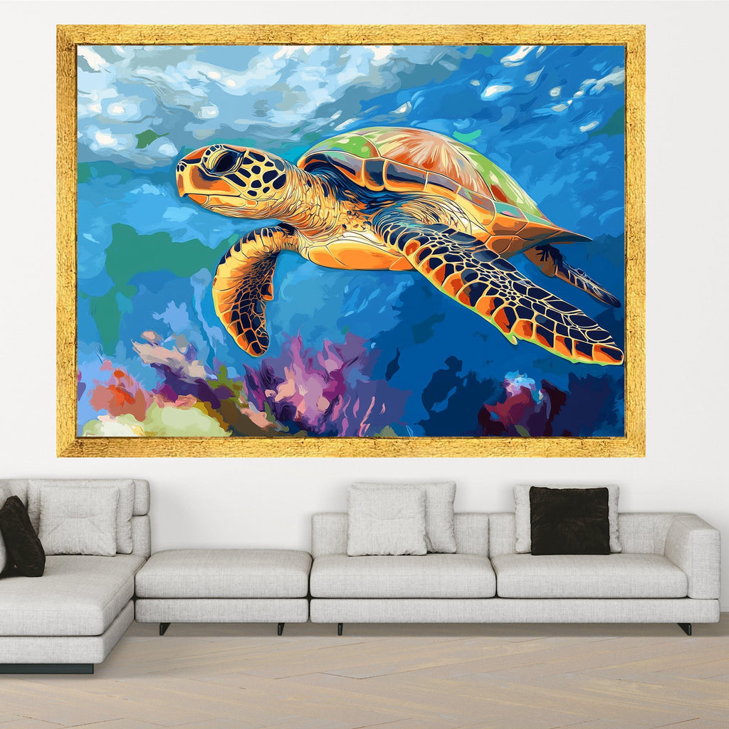 Colorful Sea Turtle Canvas Wall Art, Ocean Life Painting, Tropical Marine Wildlife Art, Underwater Nature Decor, Vibrant Aquatic Canvas