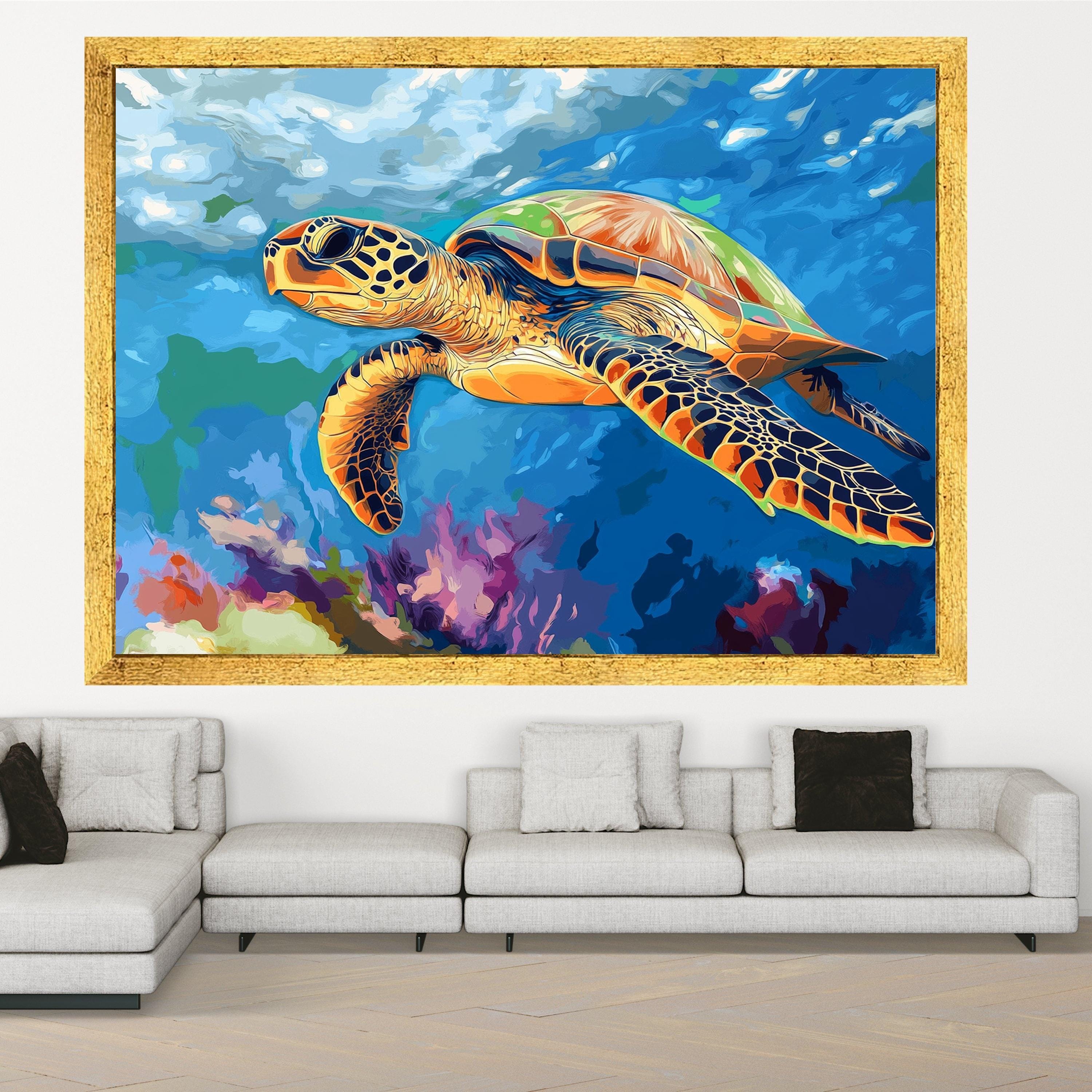 Colorful Sea Turtle Canvas Wall Art, Ocean Life Painting, Tropical Marine Wildlife Art, Underwater Nature Decor, Vibrant Aquatic Canvas