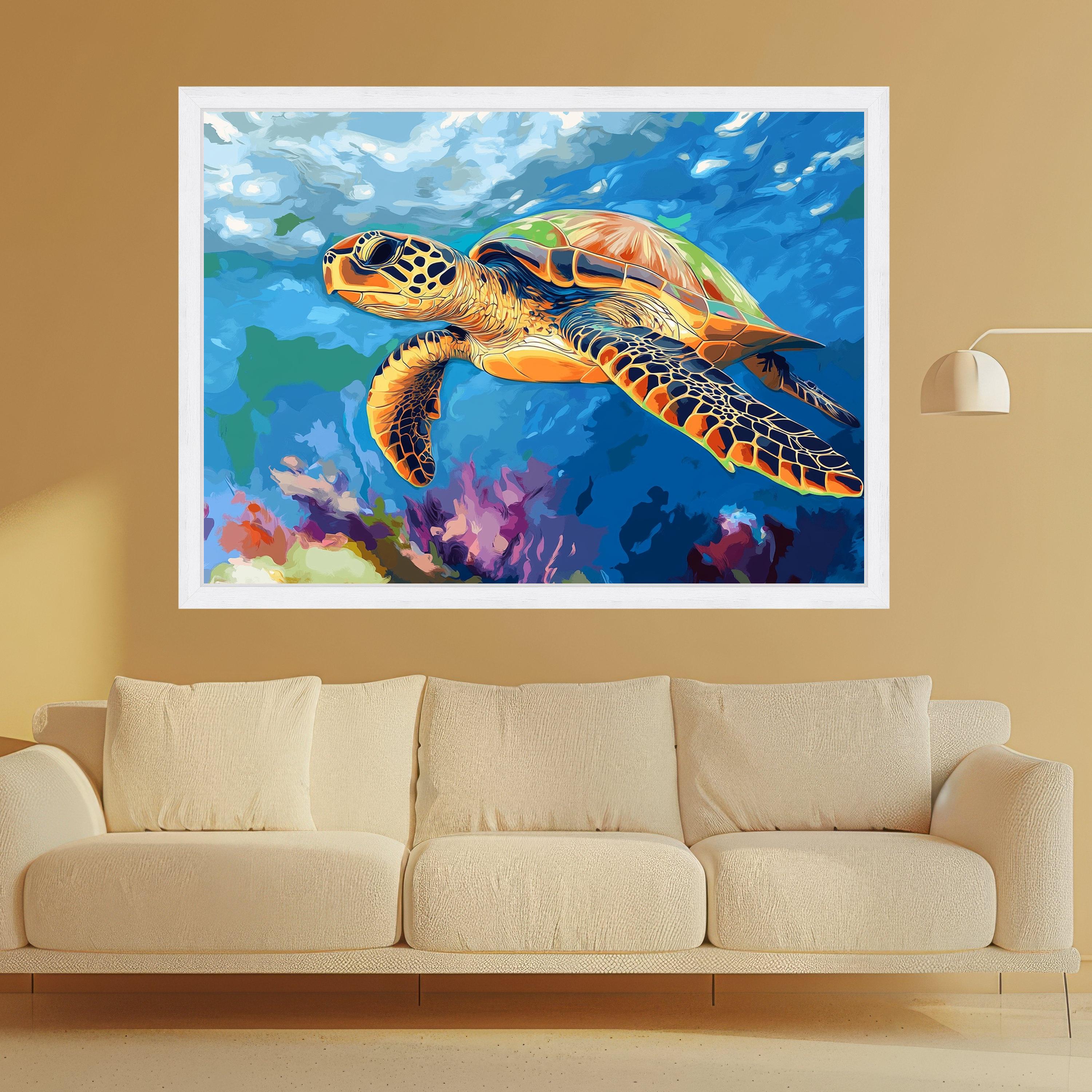Colorful Sea Turtle Canvas Wall Art, Ocean Life Painting, Tropical Marine Wildlife Art, Underwater Nature Decor, Vibrant Aquatic Canvas