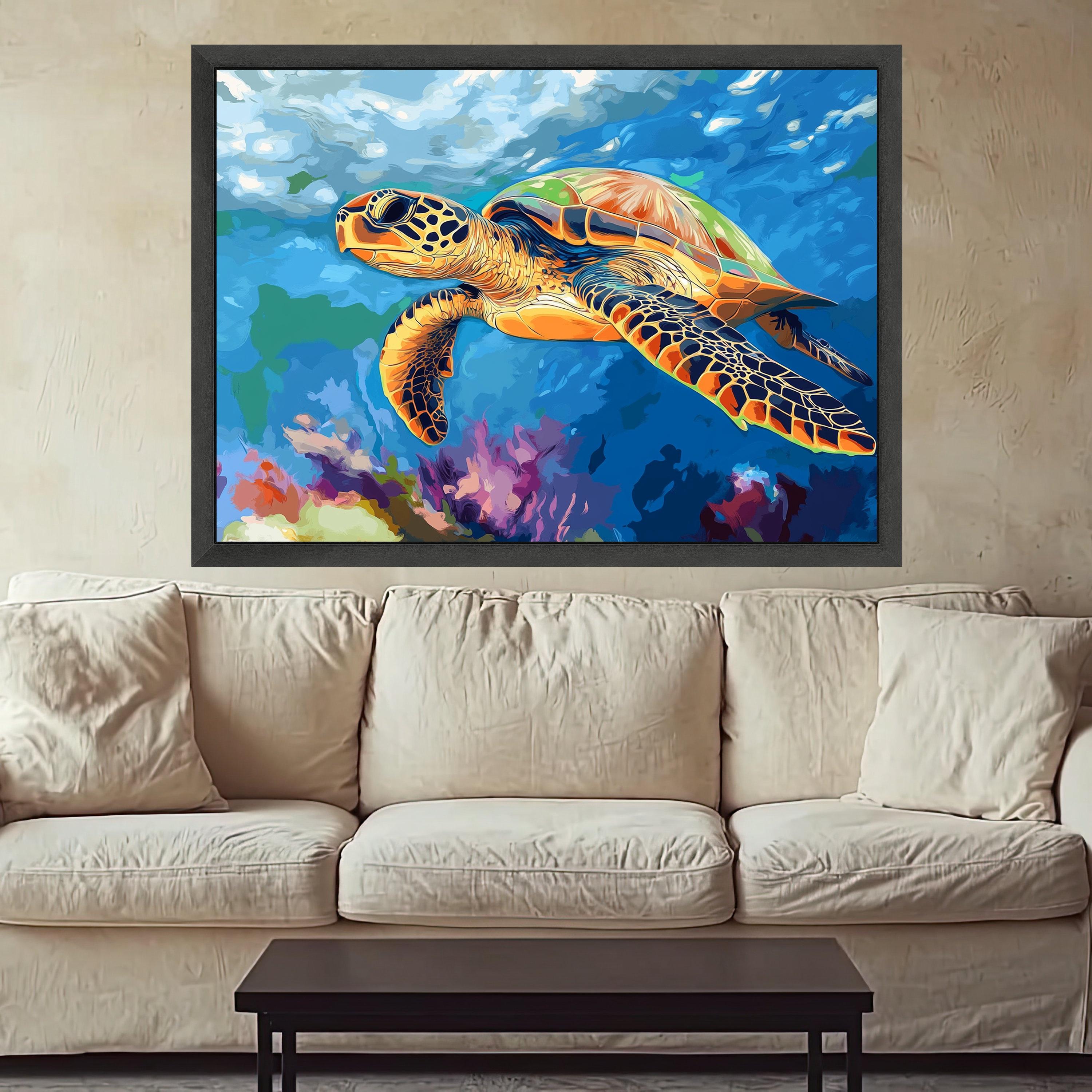 Colorful Sea Turtle Canvas Wall Art, Ocean Life Painting, Tropical Marine Wildlife Art, Underwater Nature Decor, Vibrant Aquatic Canvas
