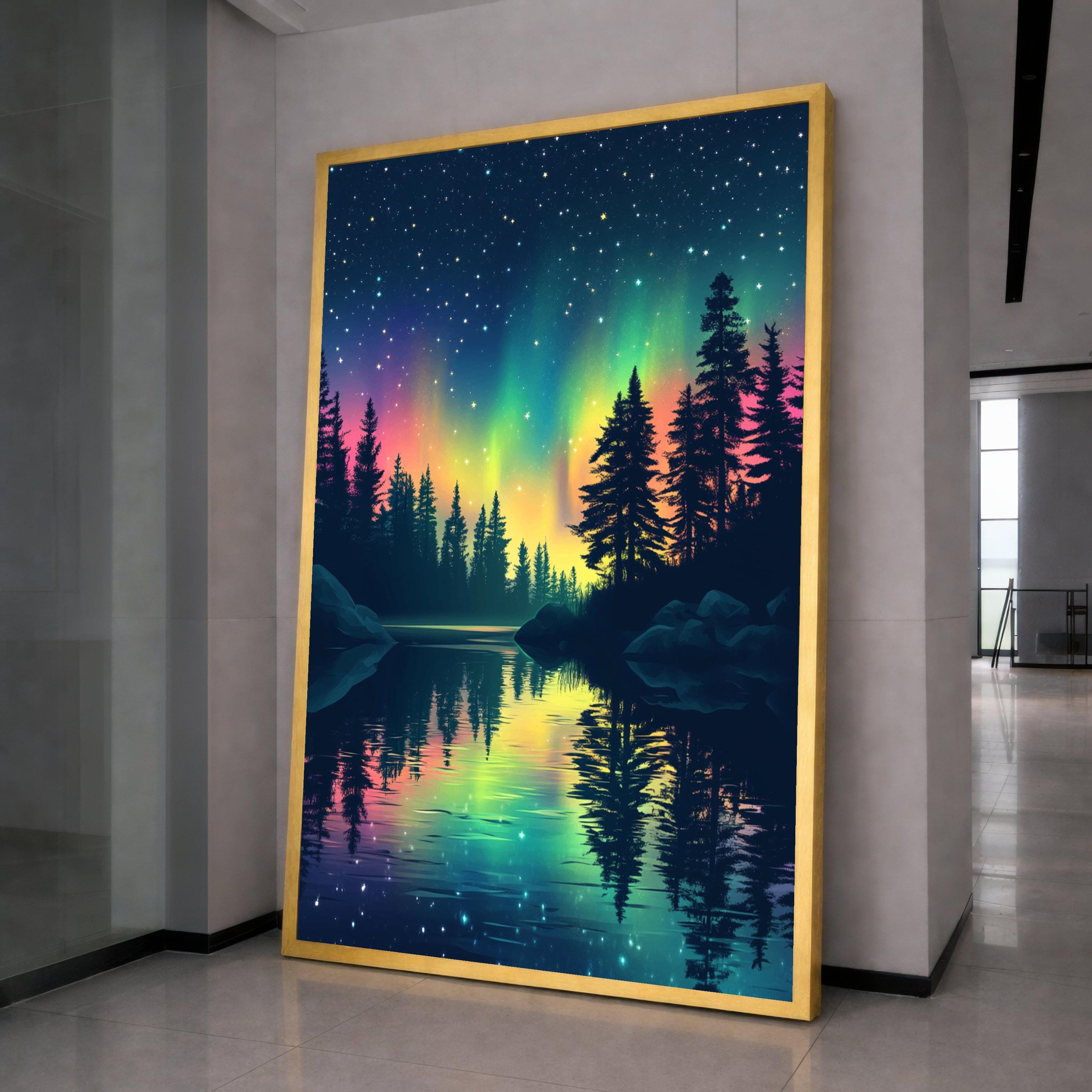 Northern Lights Reflection Canvas, Aurora Borealis Wall Art, Starry Night Sky, Pine Tree Silhouette, Nature Landscape Canvas, Tranquil Lake