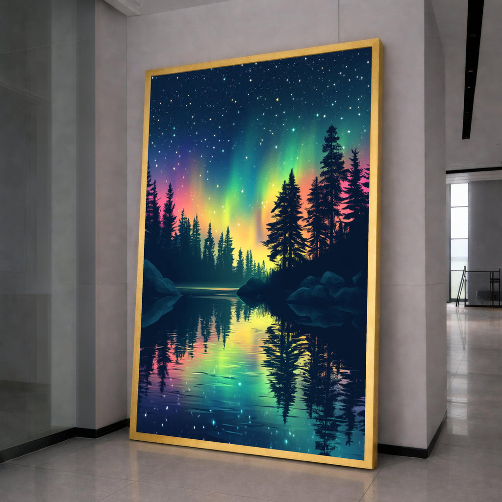 Northern Lights Reflection Canvas, Aurora Borealis Wall Art, Starry Night Sky, Pine Tree Silhouette, Nature Landscape Canvas, Tranquil Lake