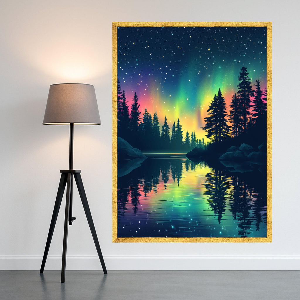 Northern Lights Reflection Canvas, Aurora Borealis Wall Art, Starry Night Sky, Pine Tree Silhouette, Nature Landscape Canvas, Tranquil Lake
