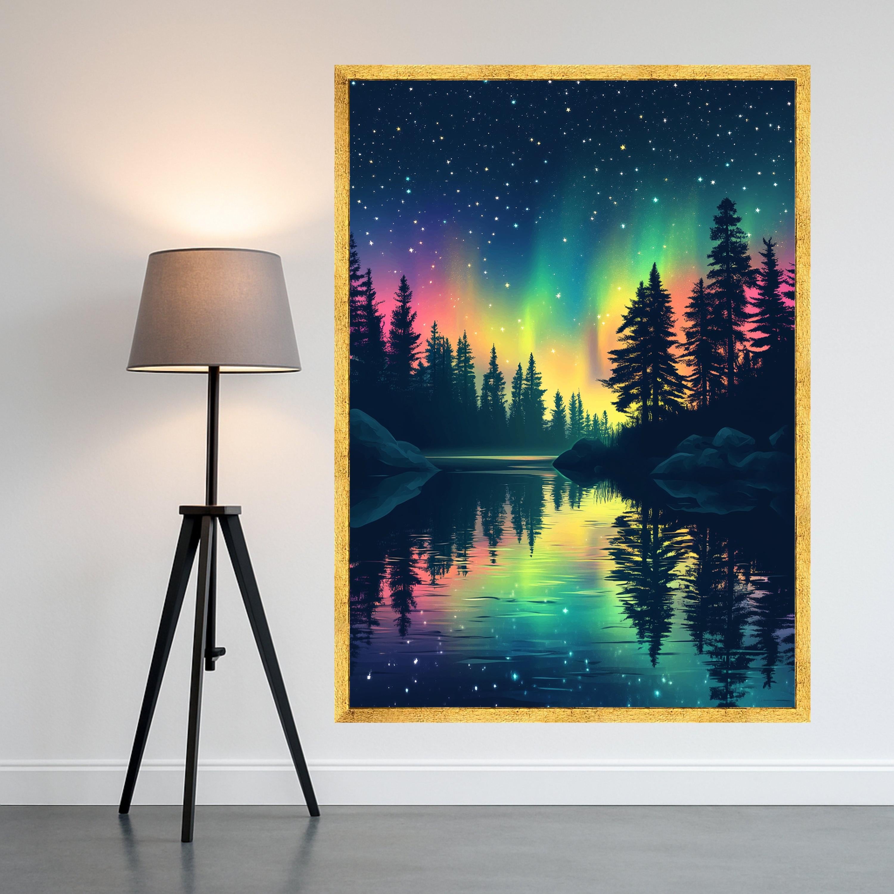 Northern Lights Reflection Canvas, Aurora Borealis Wall Art, Starry Night Sky, Pine Tree Silhouette, Nature Landscape Canvas, Tranquil Lake