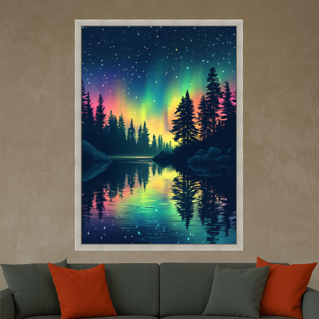 Northern Lights Reflection Canvas, Aurora Borealis Wall Art, Starry Night Sky, Pine Tree Silhouette, Nature Landscape Canvas, Tranquil Lake