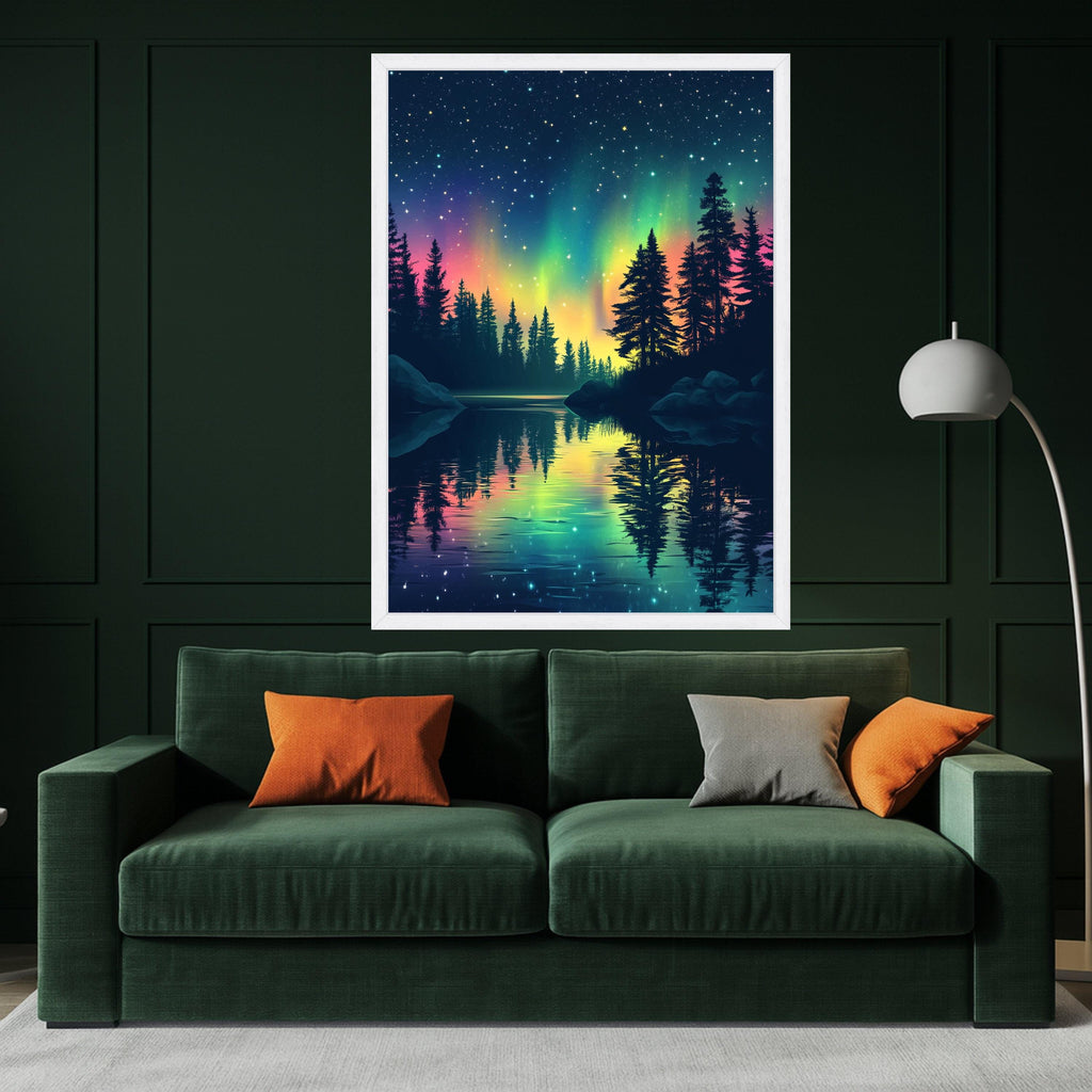 Northern Lights Reflection Canvas, Aurora Borealis Wall Art, Starry Night Sky, Pine Tree Silhouette, Nature Landscape Canvas, Tranquil Lake