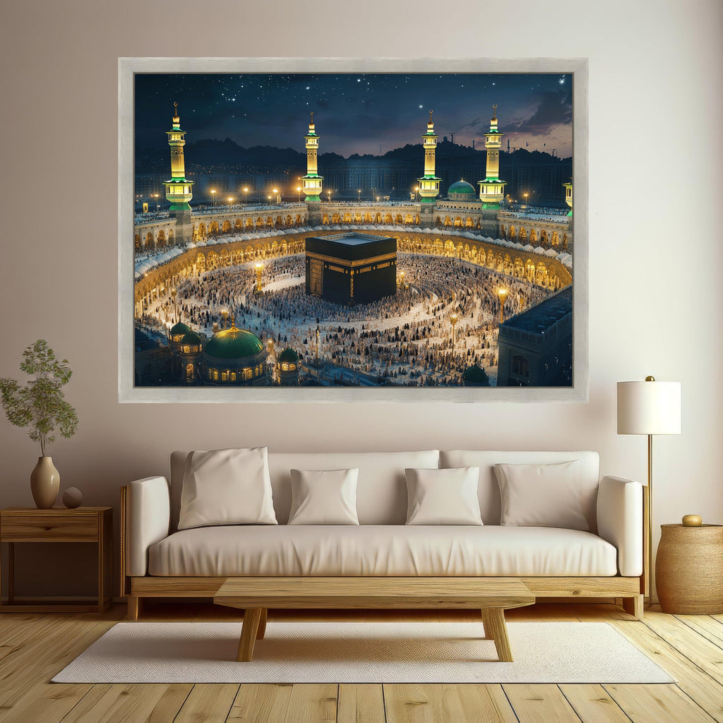 Illuminated Kaaba Night Scene, Mecca Mosque Canvas Wall Art, Islamic Sacred Site, Pilgrimage Spiritual Canvas, Religious Home Decoration