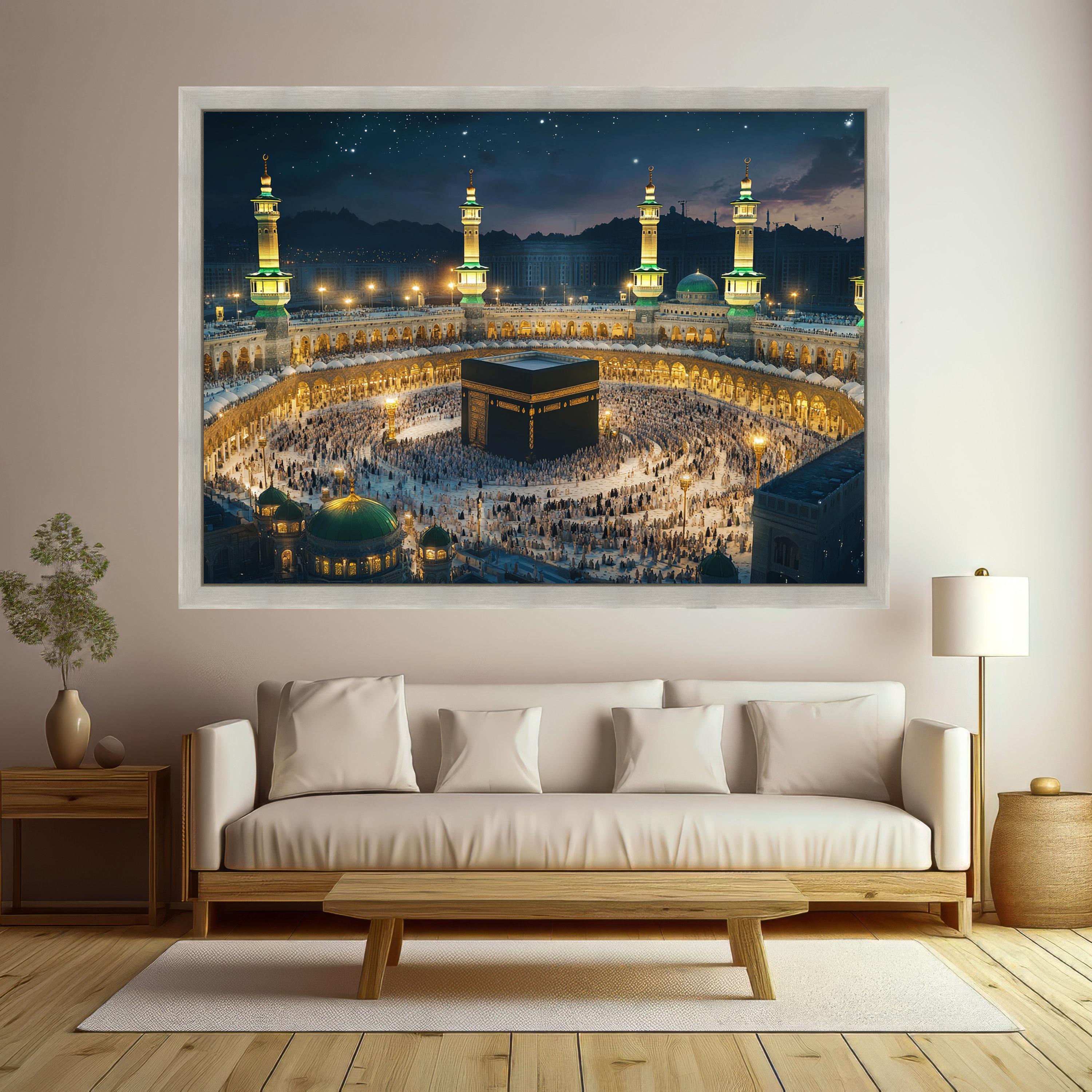 Illuminated Kaaba Night Scene, Mecca Mosque Canvas Wall Art, Islamic Sacred Site, Pilgrimage Spiritual Canvas, Religious Home Decoration