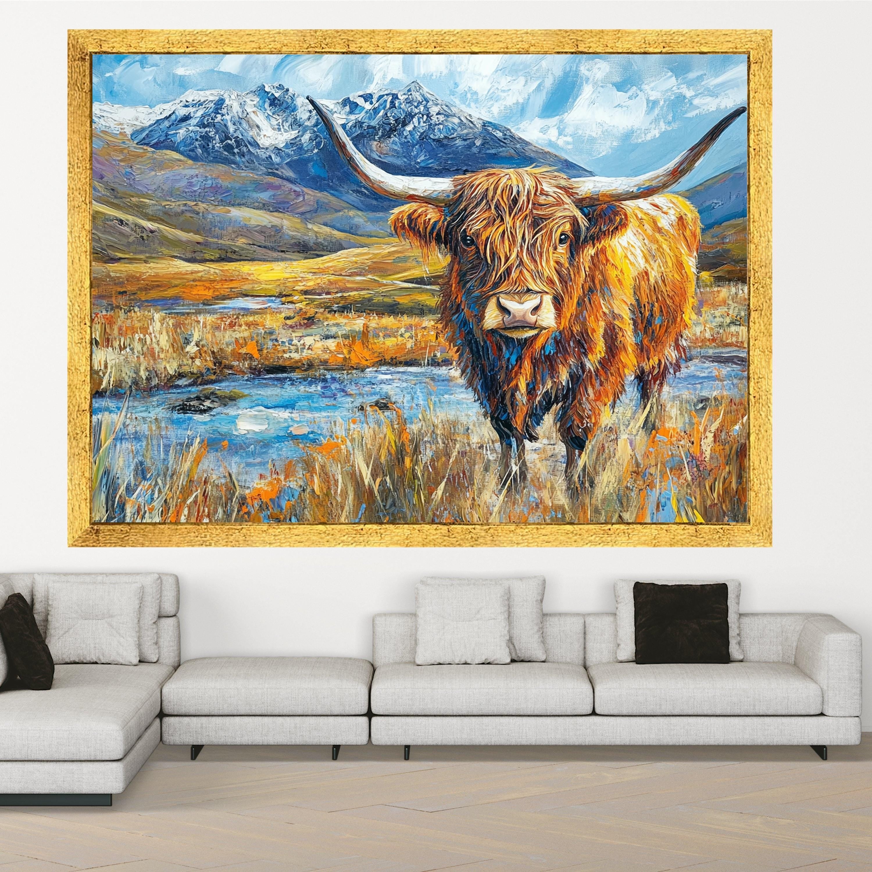 Highland Cattle Landscape Canvas, Rustic Animal Wall Art, Mountain Scene Painting, Colorful Farmhouse Decor, Nature Canvas Print
