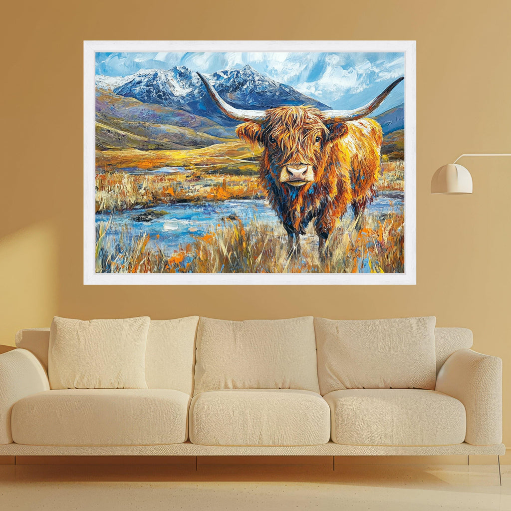 Highland Cattle Landscape Canvas, Rustic Animal Wall Art, Mountain Scene Painting, Colorful Farmhouse Decor, Nature Canvas Print