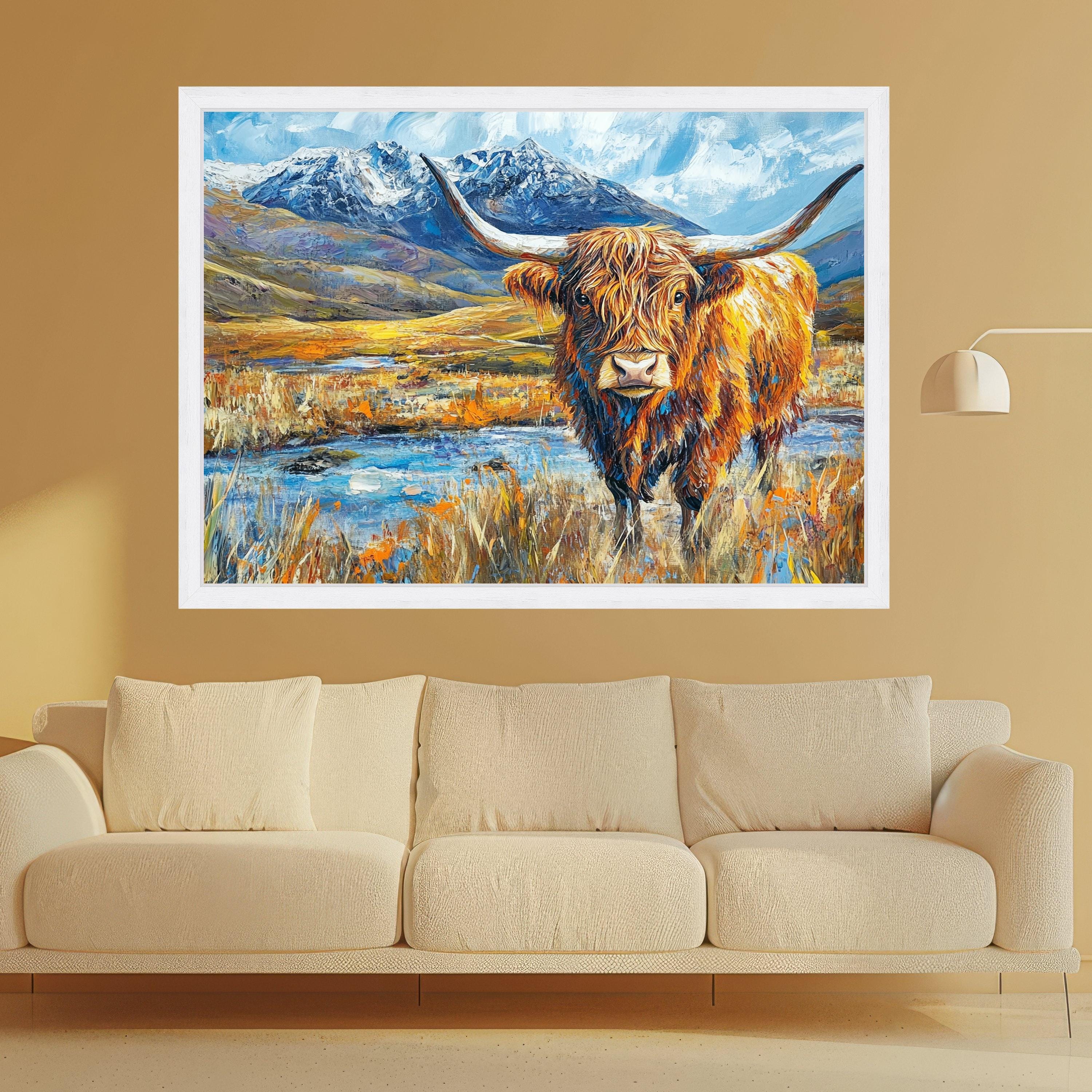 Highland Cattle Landscape Canvas, Rustic Animal Wall Art, Mountain Scene Painting, Colorful Farmhouse Decor, Nature Canvas Print