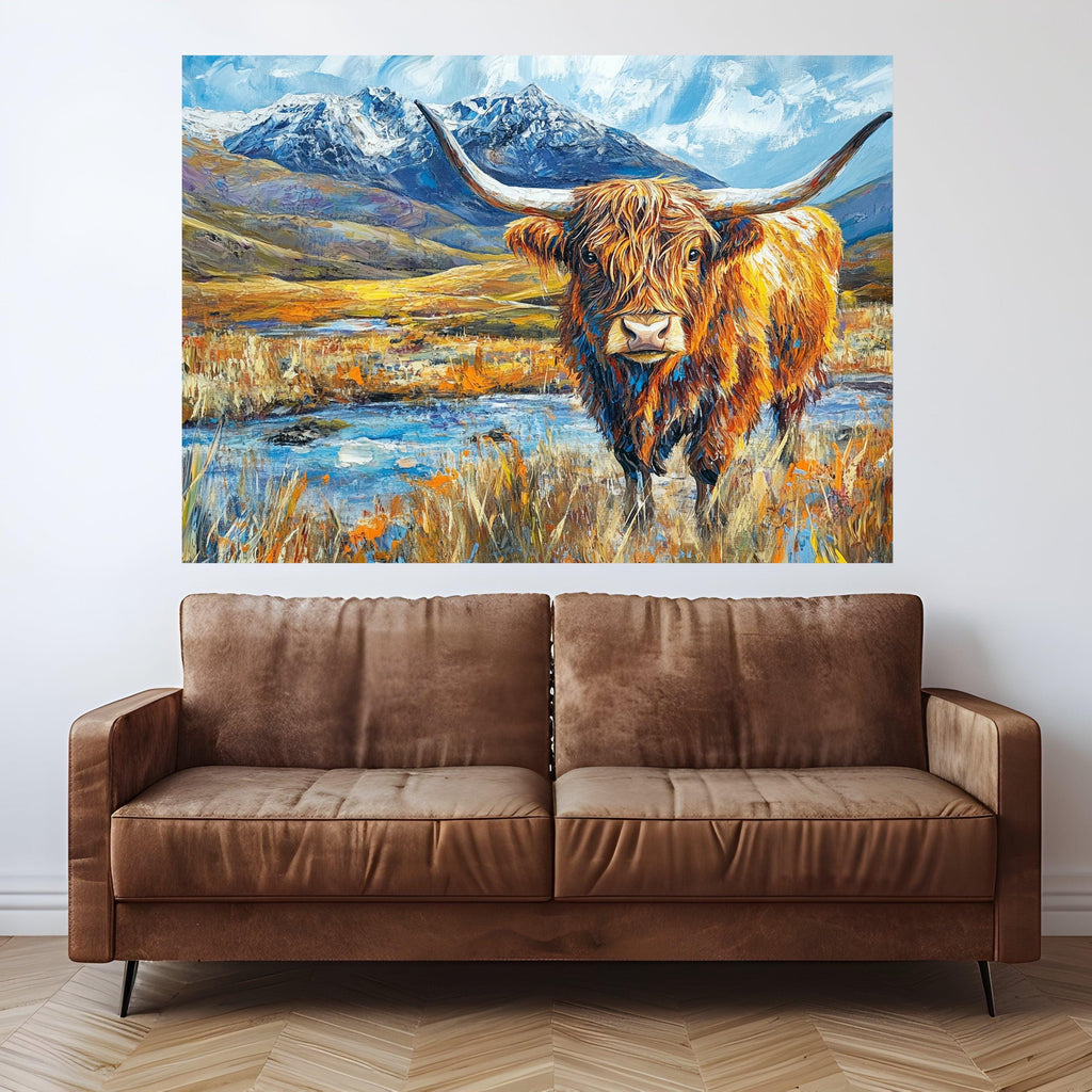 Highland Cattle Landscape Canvas, Rustic Animal Wall Art, Mountain Scene Painting, Colorful Farmhouse Decor, Nature Canvas Print