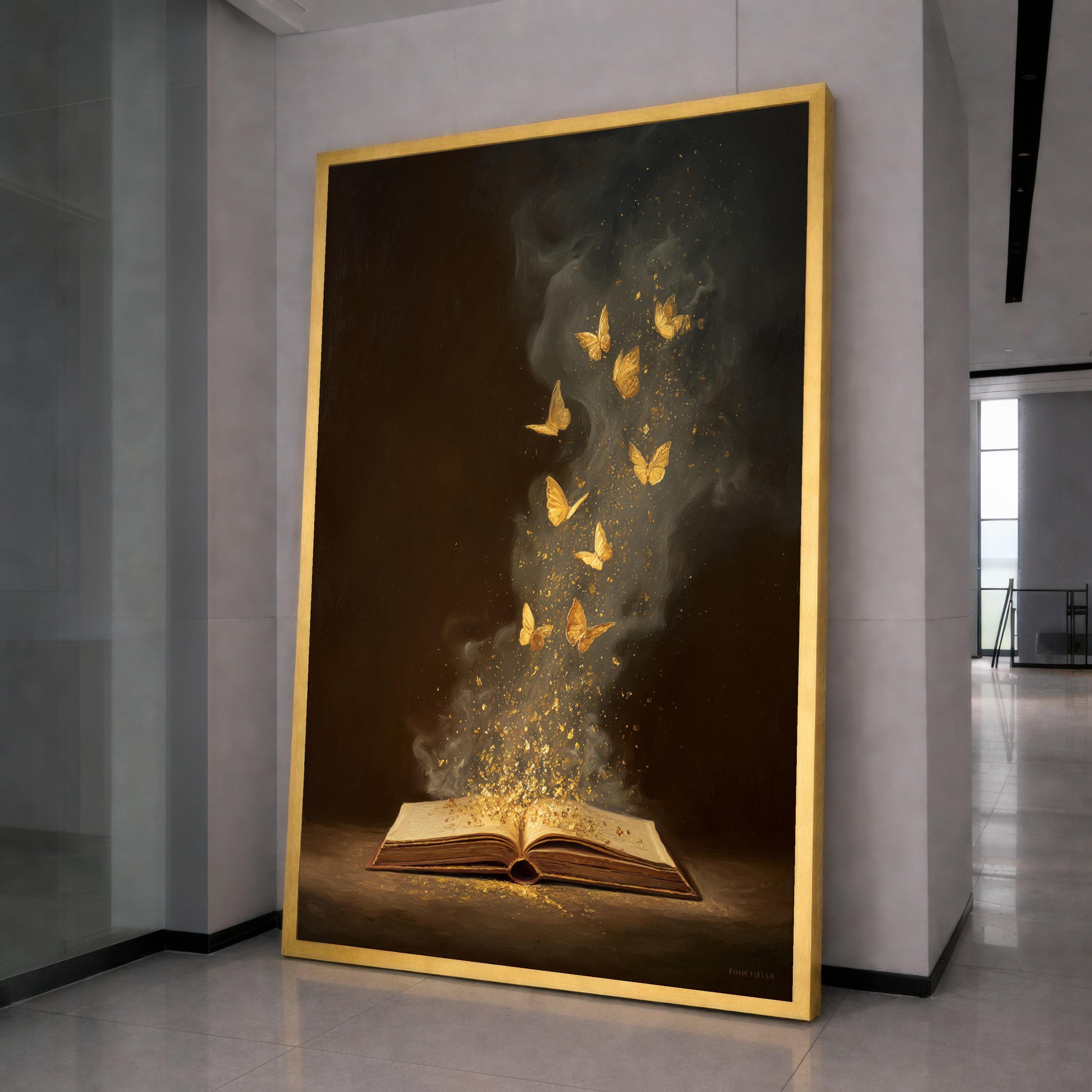 Magical Book with Golden Butterflies Canvas, Fantasy Wall Art, Inspirational Reading Decor, Literary Art Print, Dreamy Home Decoration