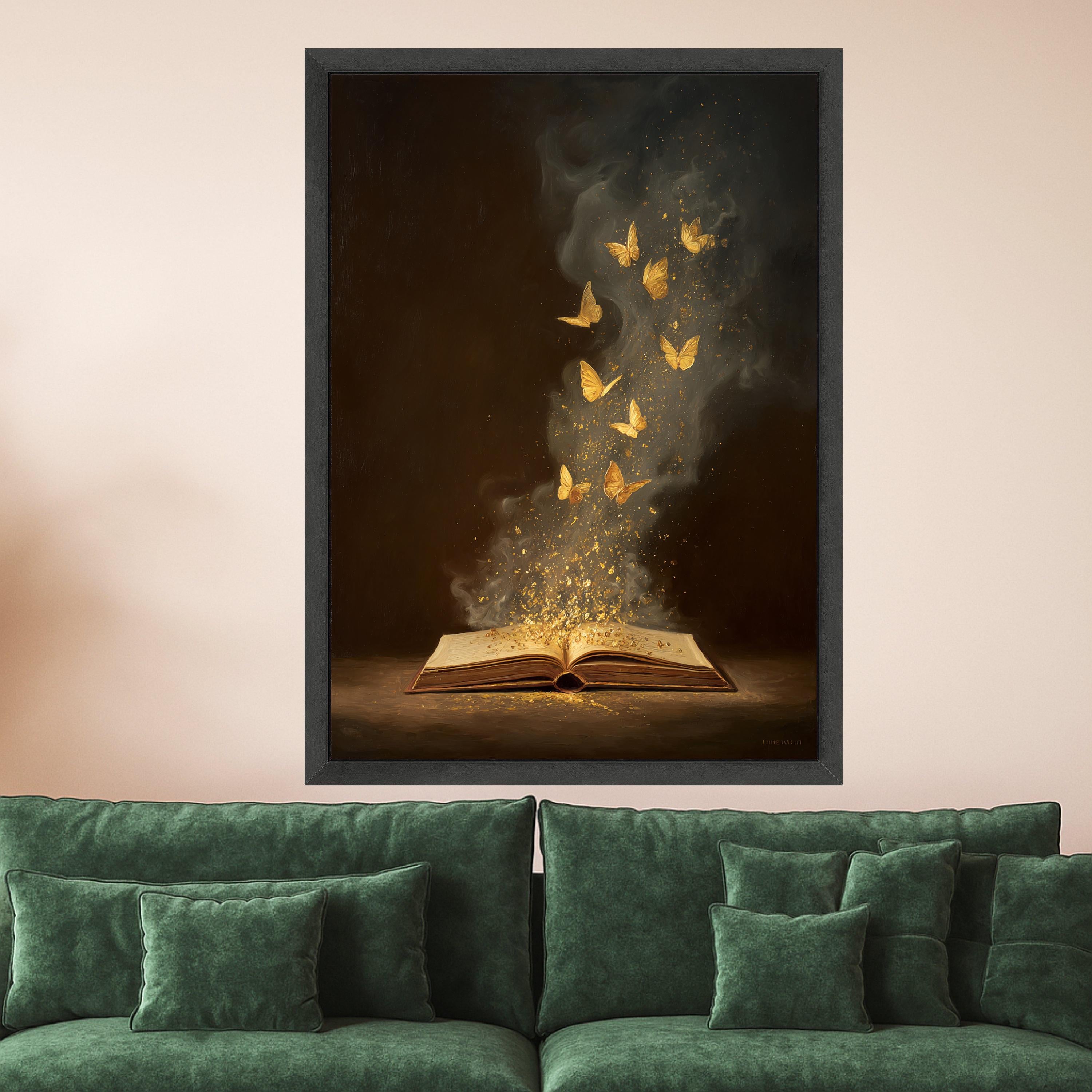Magical Book with Golden Butterflies Canvas, Fantasy Wall Art, Inspirational Reading Decor, Literary Art Print, Dreamy Home Decoration