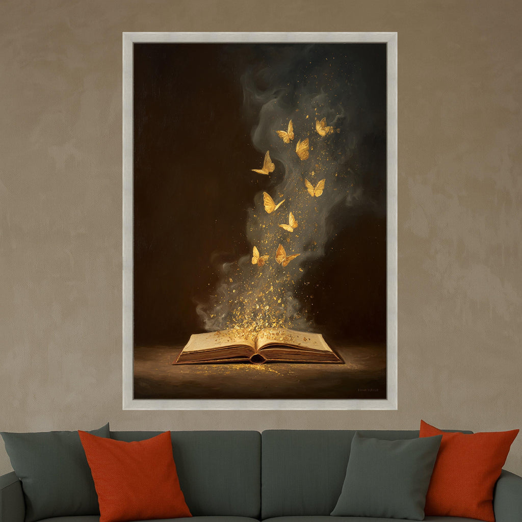 Magical Book with Golden Butterflies Canvas, Fantasy Wall Art, Inspirational Reading Decor, Literary Art Print, Dreamy Home Decoration