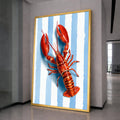 Vibrant Lobster Illustration Canvas, Coastal Nautical Wall Art, Seafood Kitchen Decor, Blue Striped Background Canvas, Summer Beach Theme