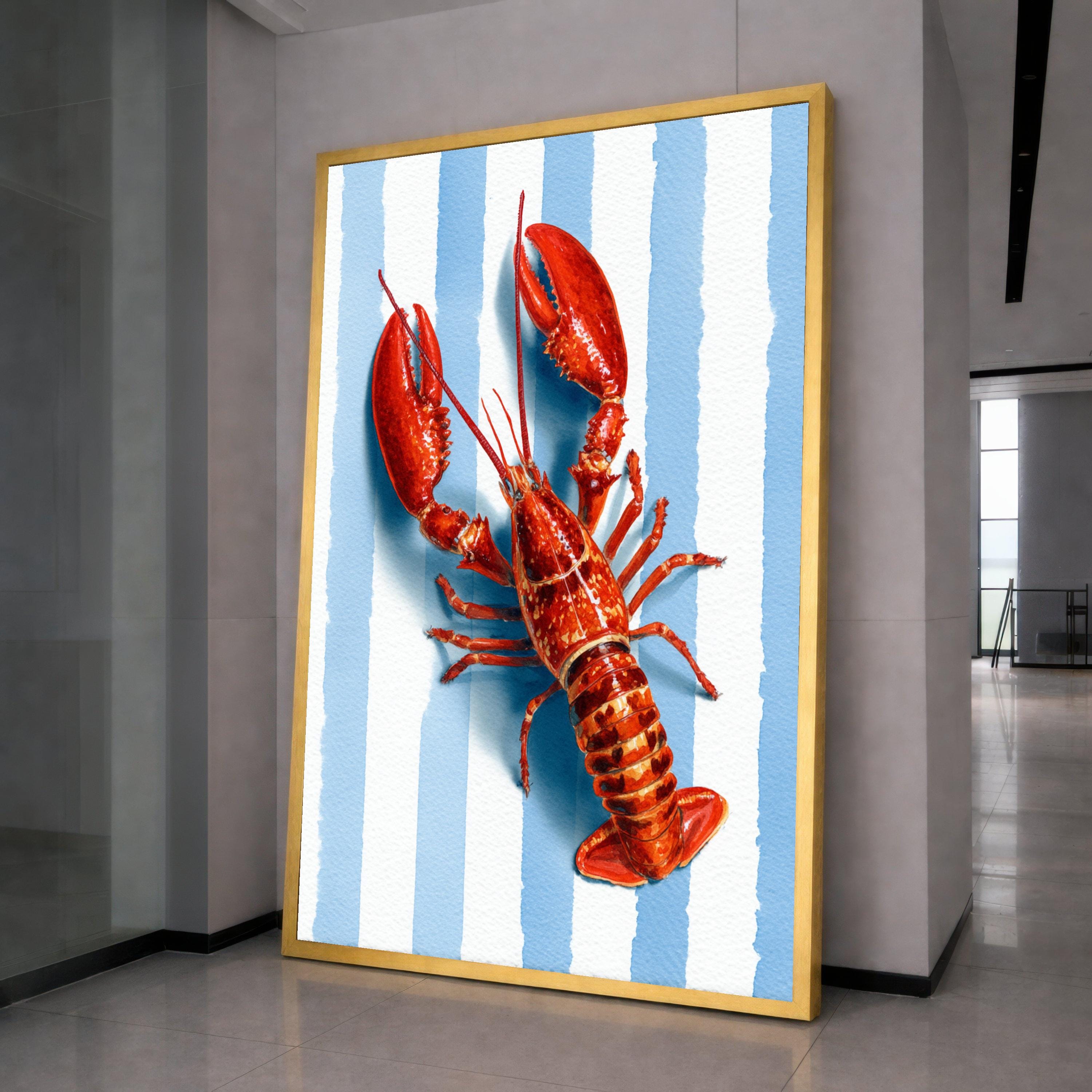 Vibrant Lobster Illustration Canvas, Coastal Nautical Wall Art, Seafood Kitchen Decor, Blue Striped Background Canvas, Summer Beach Theme