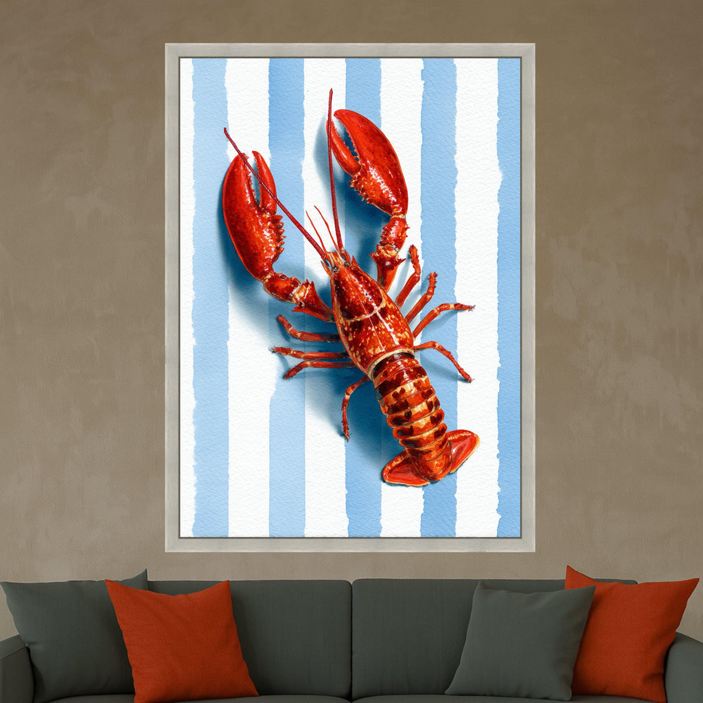 Vibrant Lobster Illustration Canvas, Coastal Nautical Wall Art, Seafood Kitchen Decor, Blue Striped Background Canvas, Summer Beach Theme