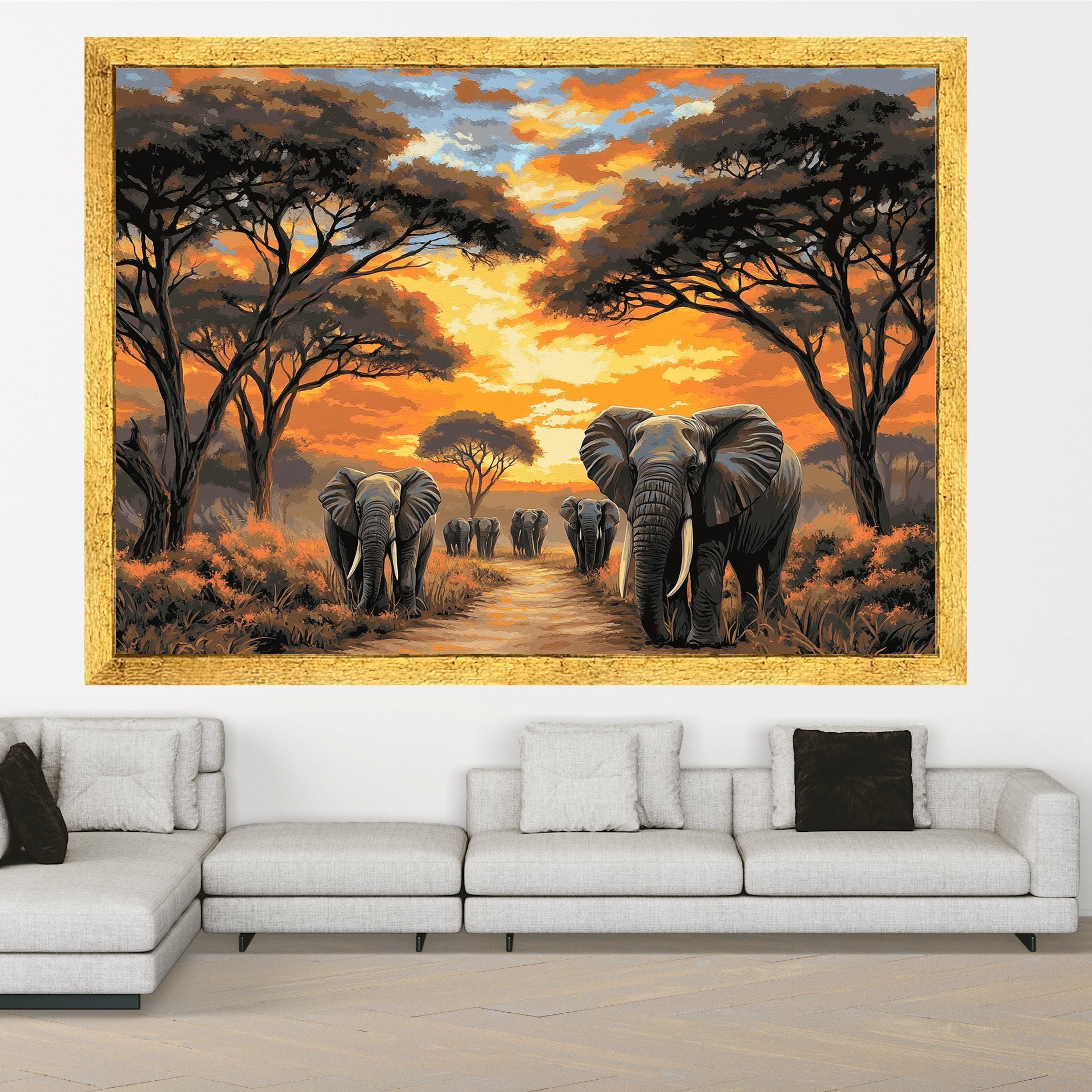 Majestic Elephant Herd at Sunset Canvas, African Safari Wall Art, Wildlife Painting on Canvas, Nature Landscape Decor, Ready to Hang Artwork