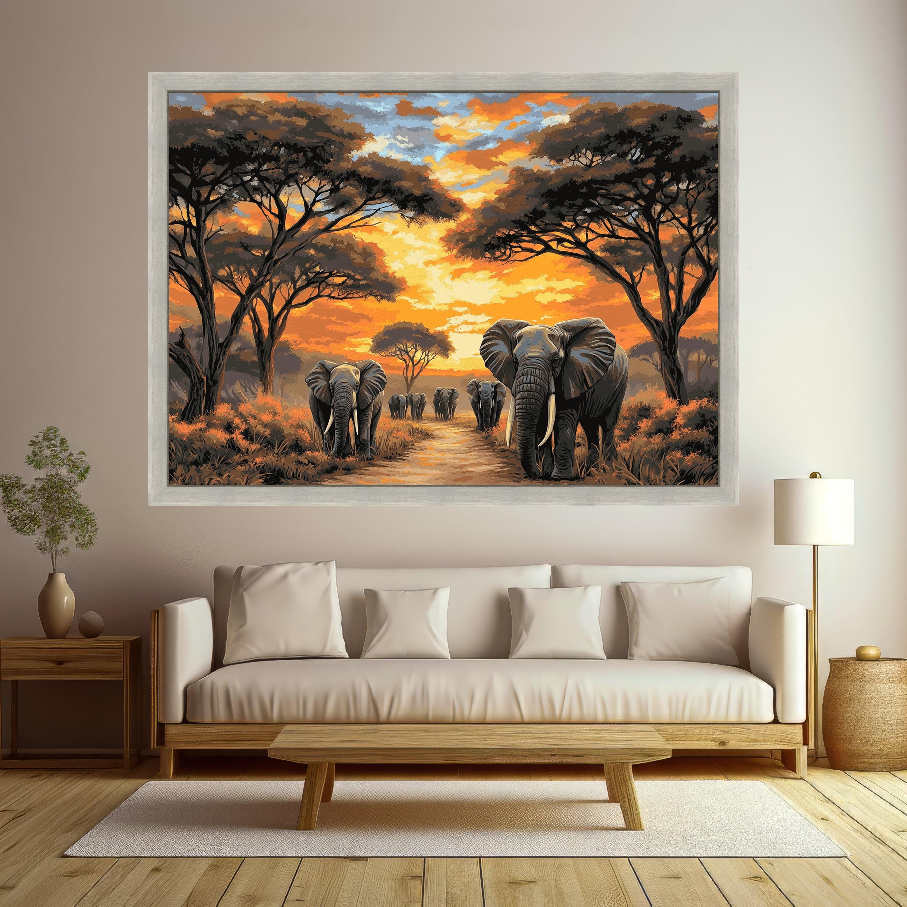 Majestic Elephant Herd at Sunset Canvas, African Safari Wall Art, Wildlife Painting on Canvas, Nature Landscape Decor, Ready to Hang Artwork