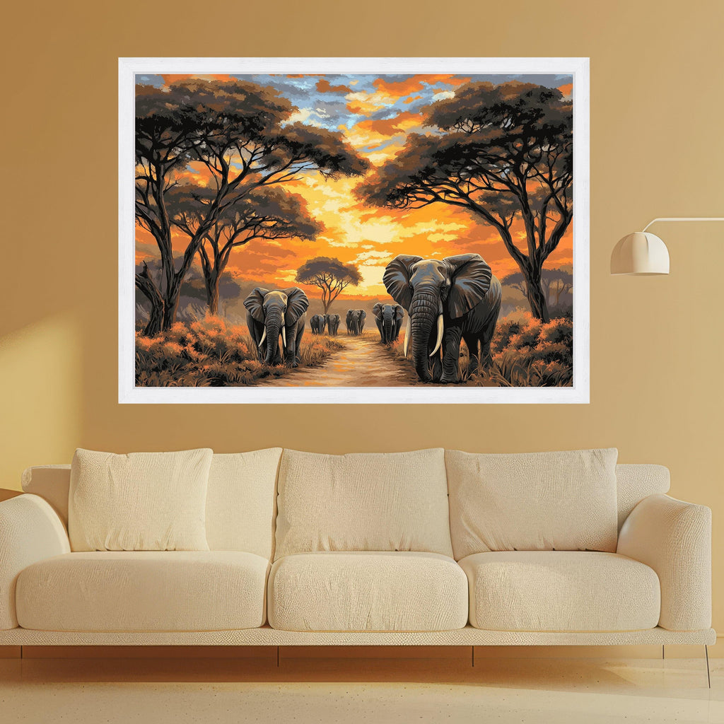 Majestic Elephant Herd at Sunset Canvas, African Safari Wall Art, Wildlife Painting on Canvas, Nature Landscape Decor, Ready to Hang Artwork