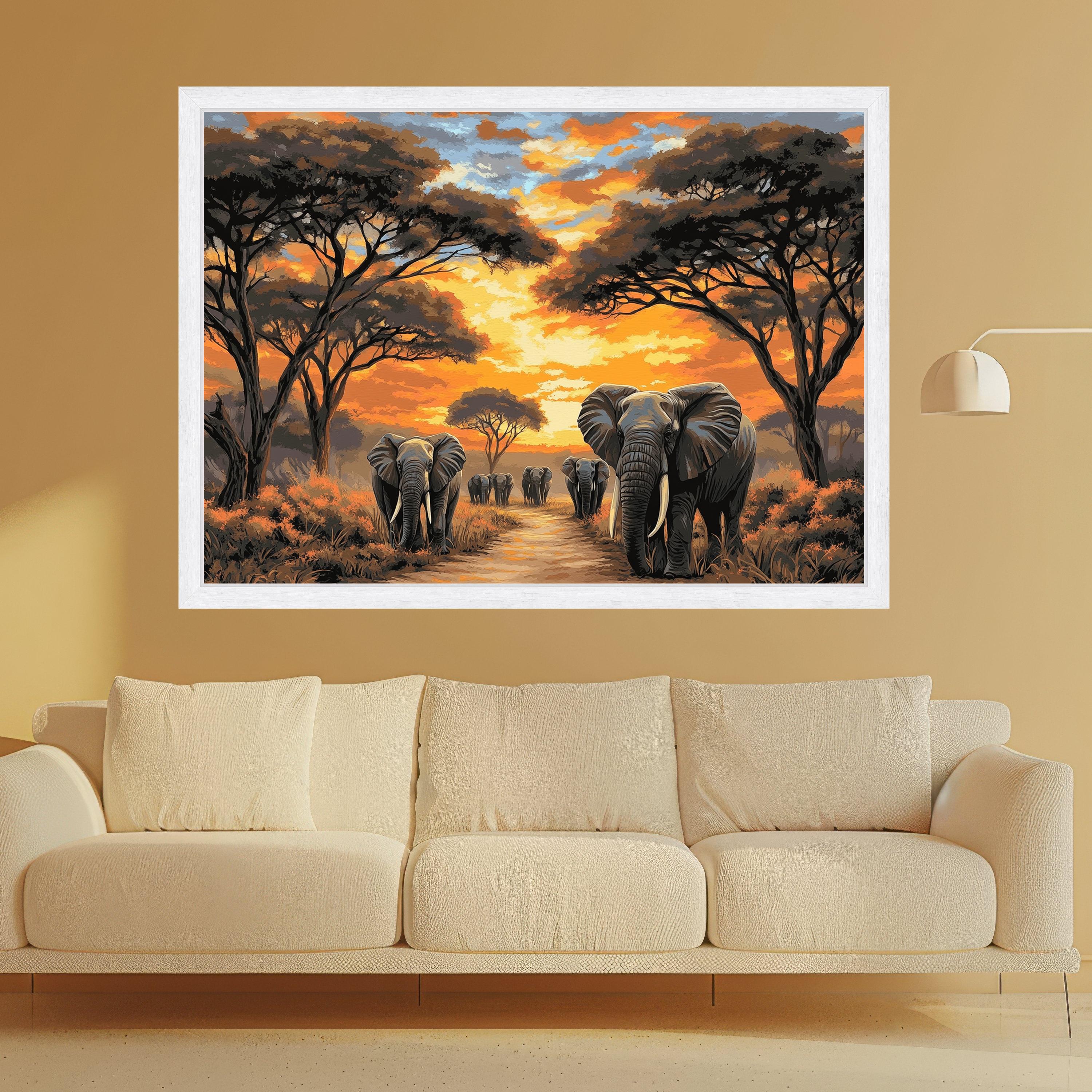 Majestic Elephant Herd at Sunset Canvas, African Safari Wall Art, Wildlife Painting on Canvas, Nature Landscape Decor, Ready to Hang Artwork