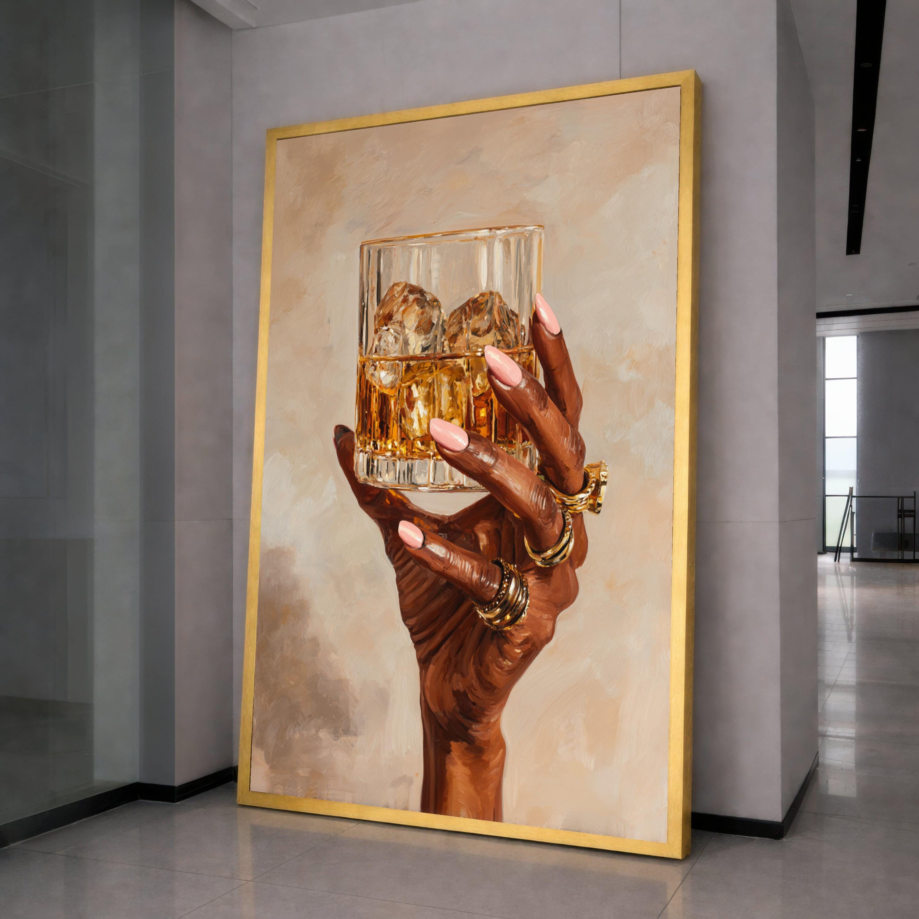 Elegant Hand with Whiskey Glass Canvas, Gold Rings Wall Art, Luxury Drink Illustration, Modern Home Decor, Stylish Beverage Painting