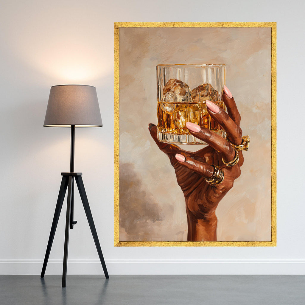 Elegant Hand with Whiskey Glass Canvas, Gold Rings Wall Art, Luxury Drink Illustration, Modern Home Decor, Stylish Beverage Painting