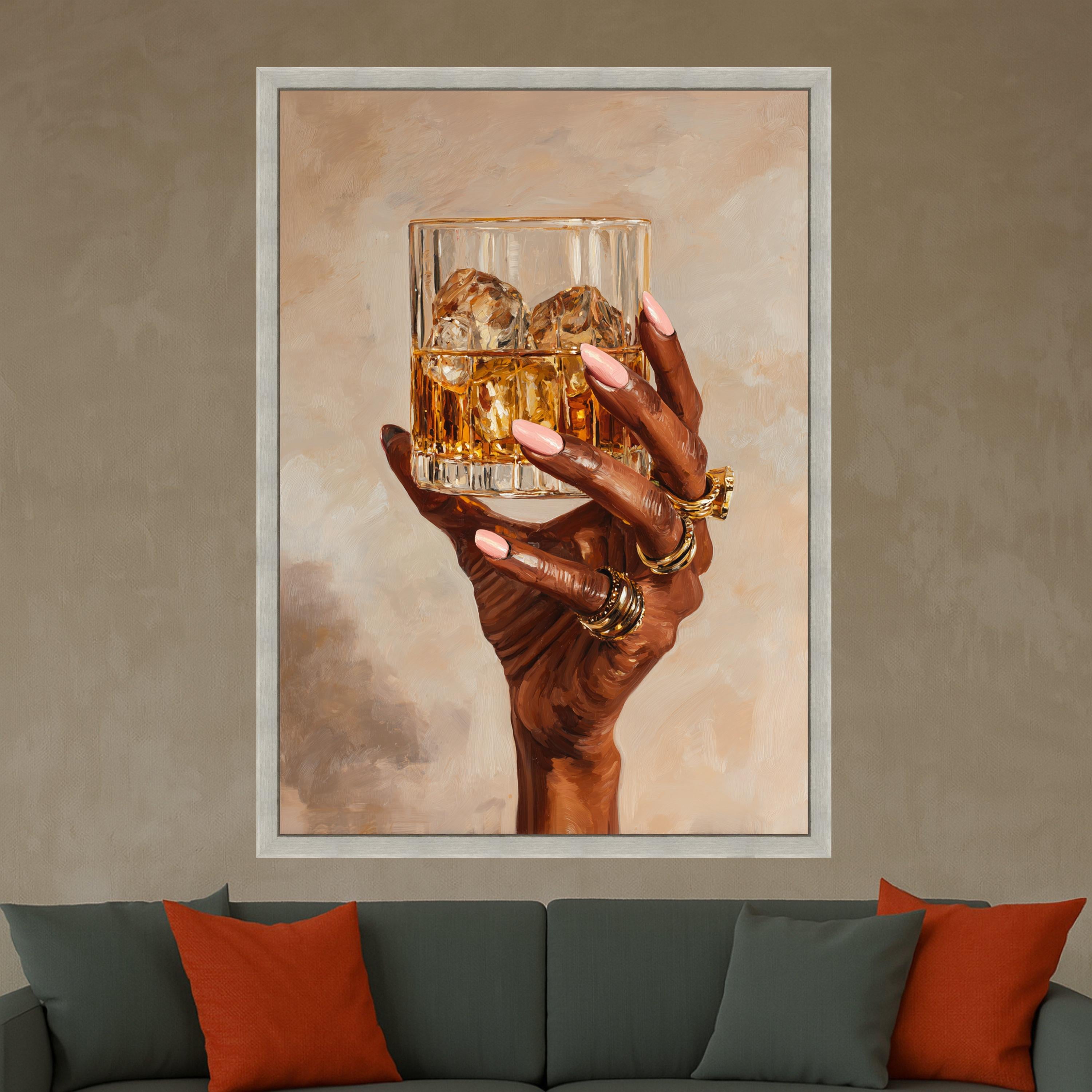 Elegant Hand with Whiskey Glass Canvas, Gold Rings Wall Art, Luxury Drink Illustration, Modern Home Decor, Stylish Beverage Painting