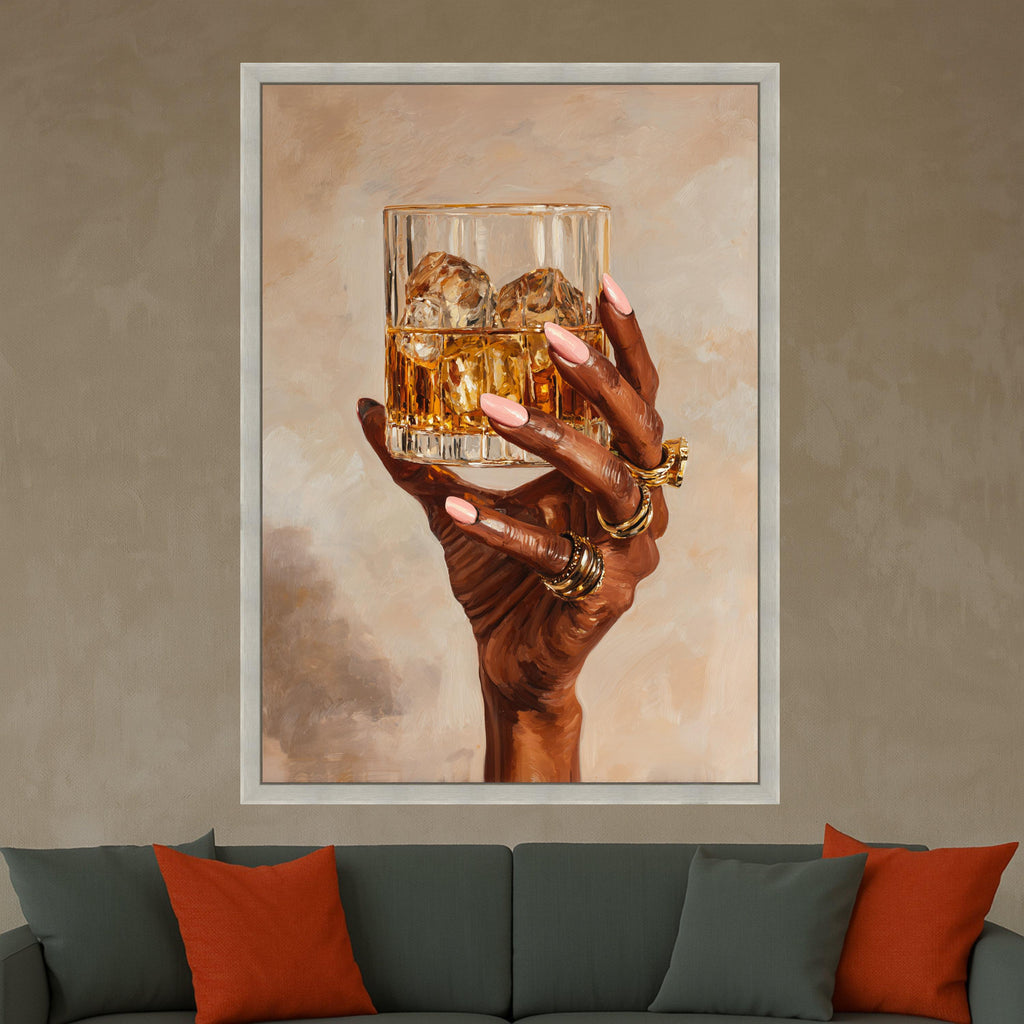 Elegant Hand with Whiskey Glass Canvas, Gold Rings Wall Art, Luxury Drink Illustration, Modern Home Decor, Stylish Beverage Painting
