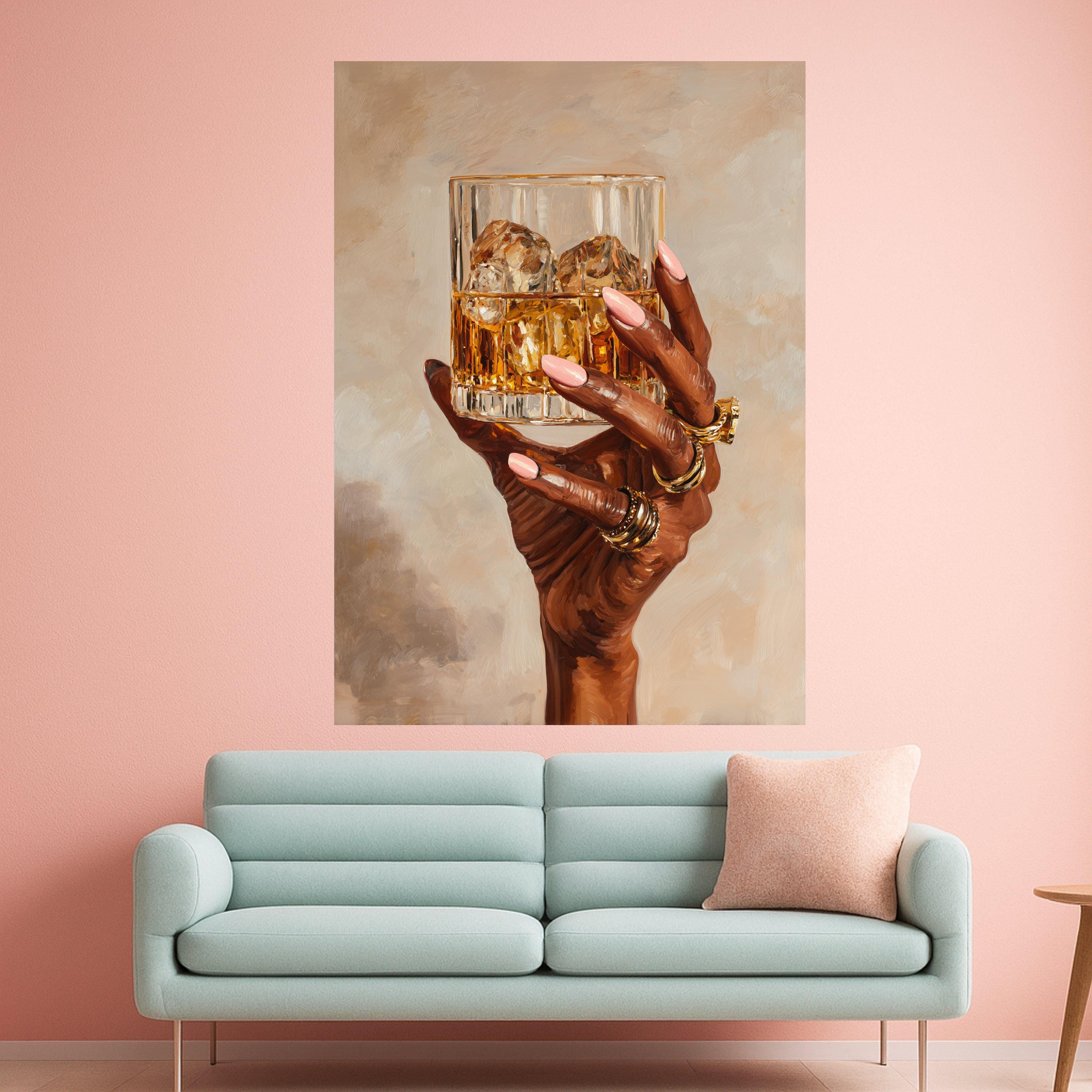 Elegant Hand with Whiskey Glass Canvas, Gold Rings Wall Art, Luxury Drink Illustration, Modern Home Decor, Stylish Beverage Painting