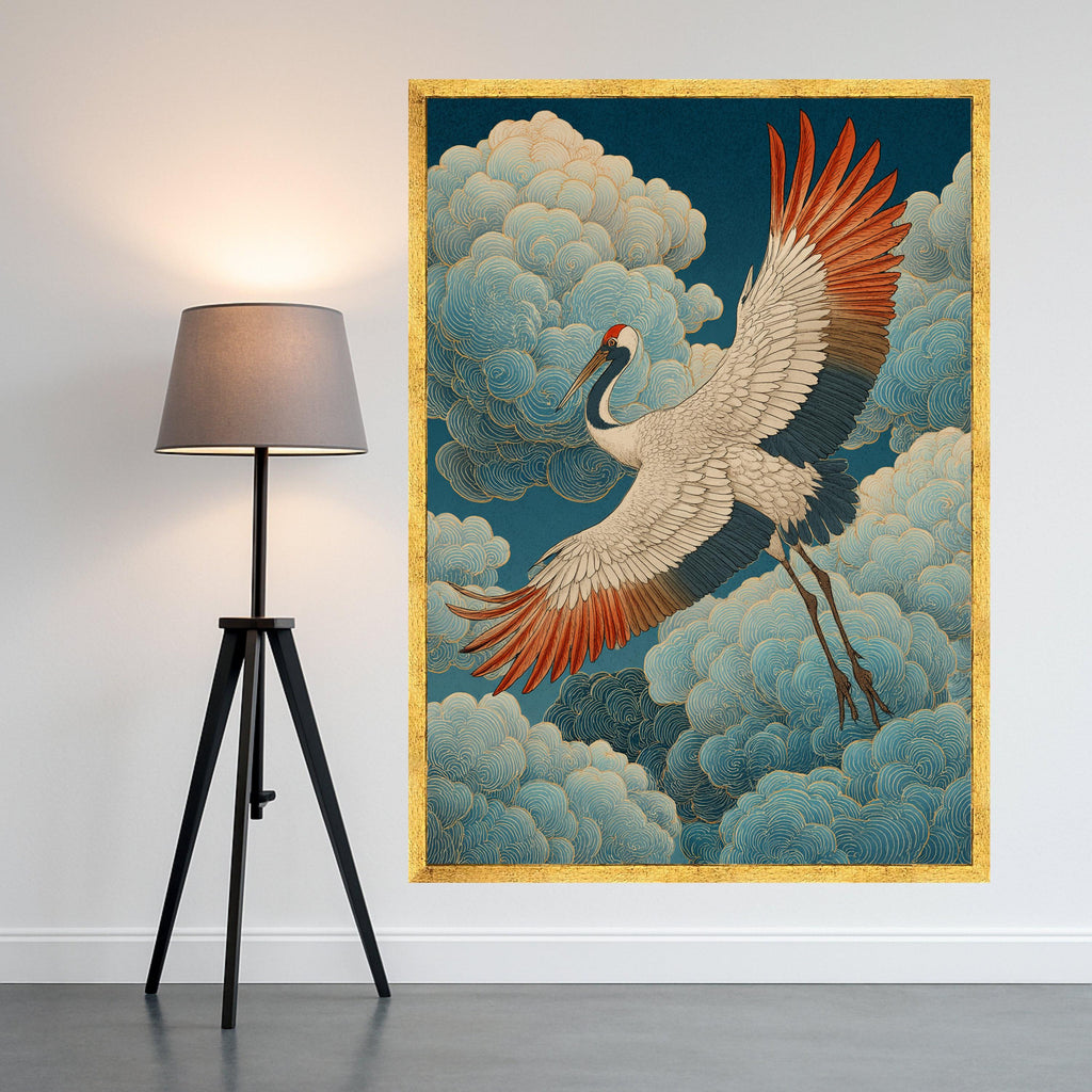 Elegant Crane in Flight Canvas, Japanese Inspired Bird Wall Art, Traditional Asian Style, Cloudscape Nature Canvas, Home Decor Artwork