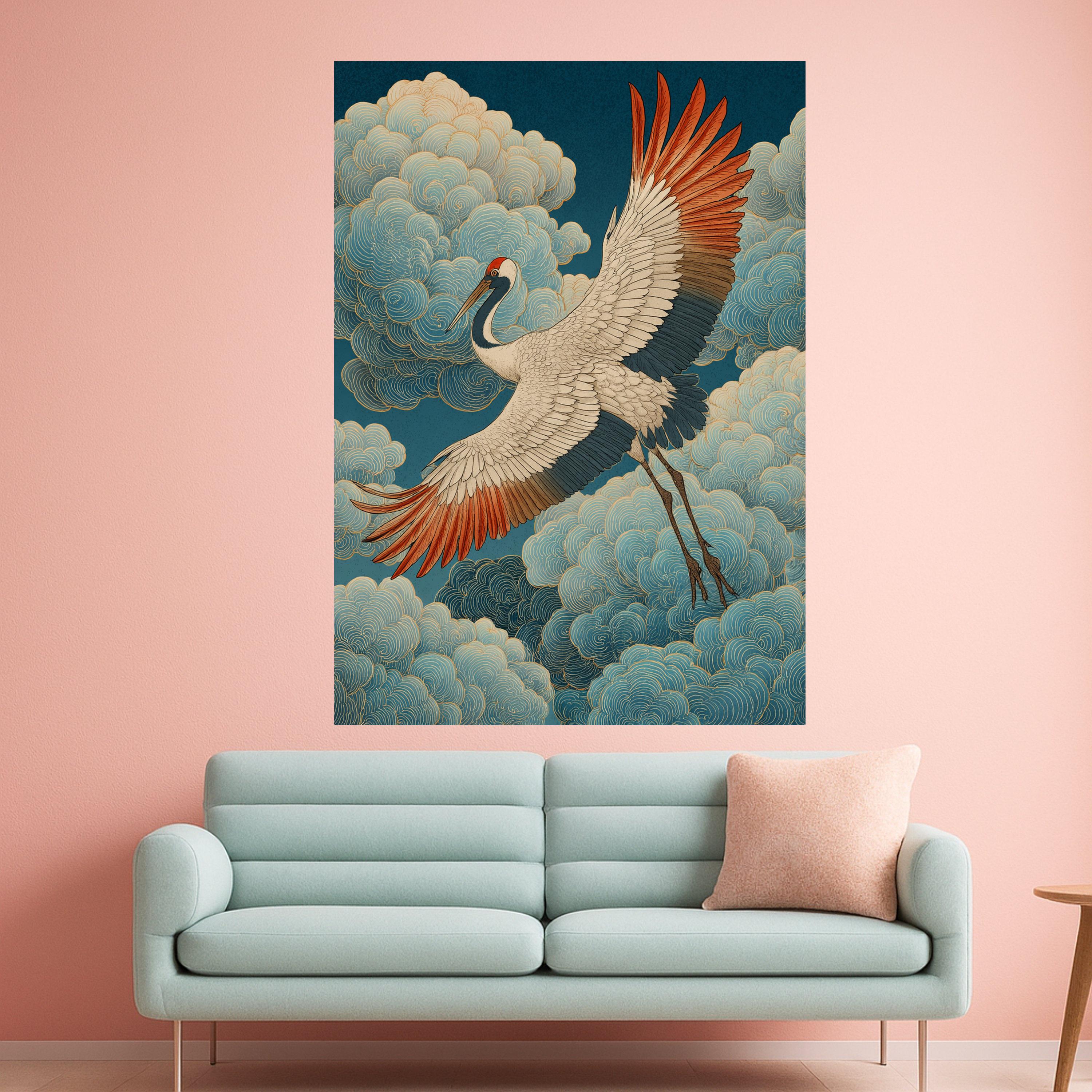 Elegant Crane in Flight Canvas, Japanese Inspired Bird Wall Art, Traditional Asian Style, Cloudscape Nature Canvas, Home Decor Artwork
