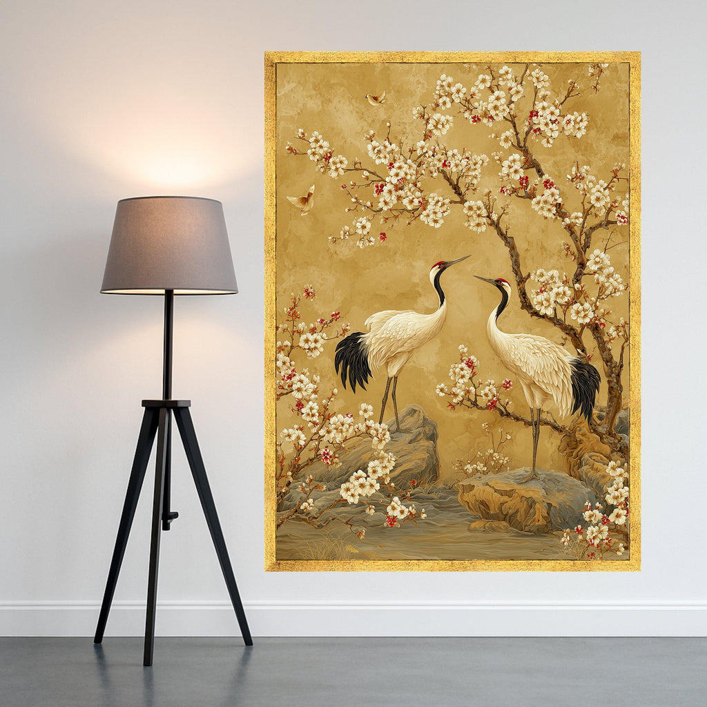 Elegant Crane Birds with Cherry Blossoms Canvas, Asian Style Nature Wall Art, Floral and Wildlife Canvas Decor, Serene Landscape Painting