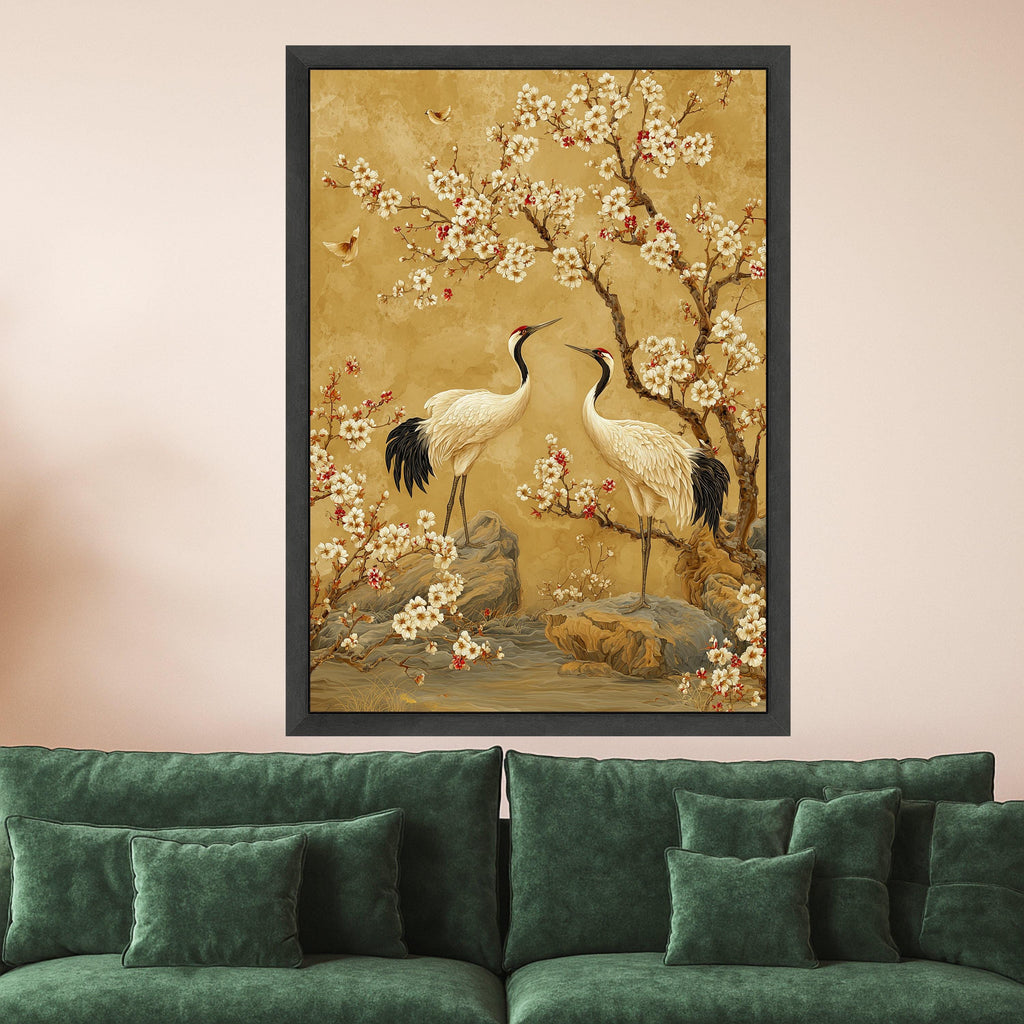 Elegant Crane Birds with Cherry Blossoms Canvas, Asian Style Nature Wall Art, Floral and Wildlife Canvas Decor, Serene Landscape Painting