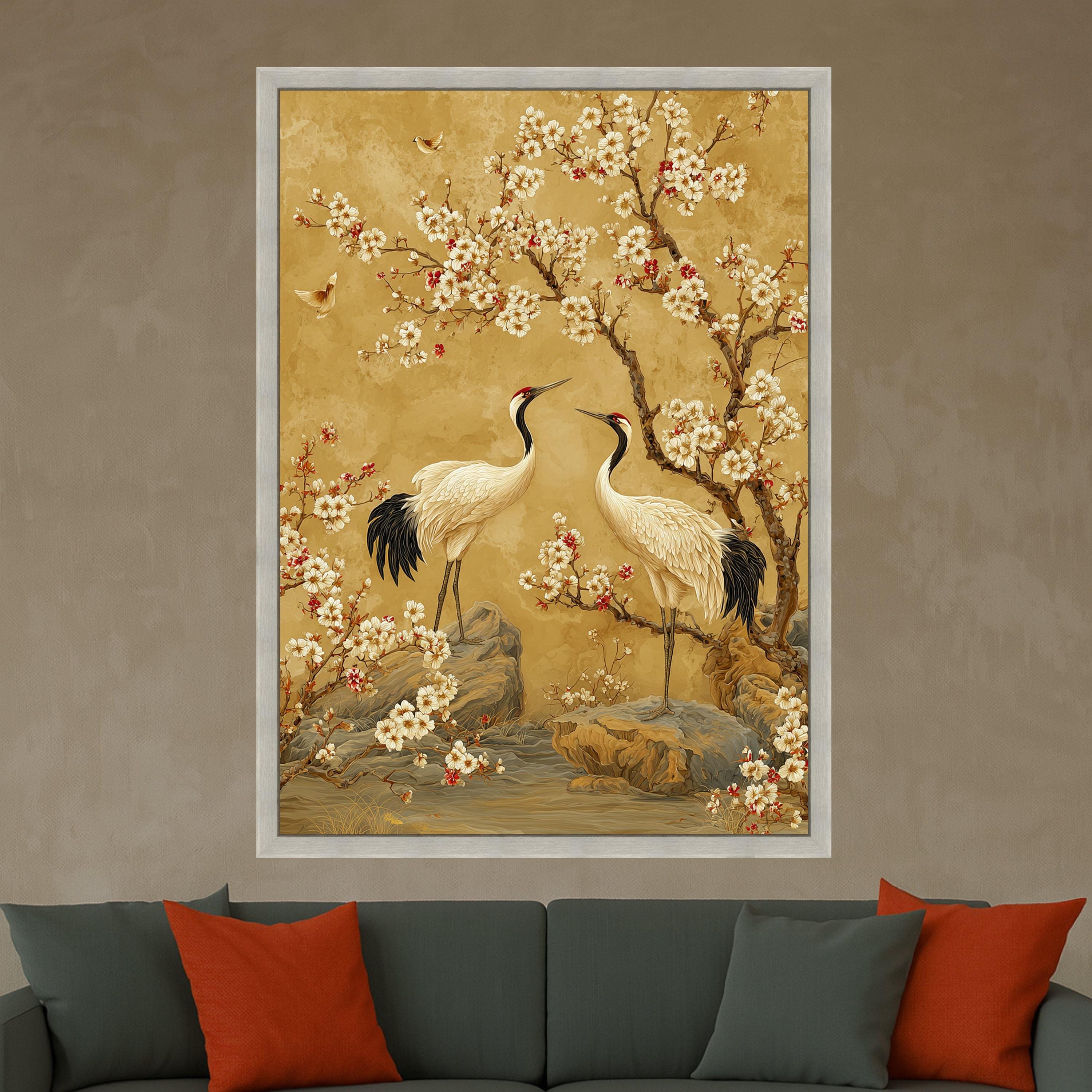 Elegant Crane Birds with Cherry Blossoms Canvas, Asian Style Nature Wall Art, Floral and Wildlife Canvas Decor, Serene Landscape Painting
