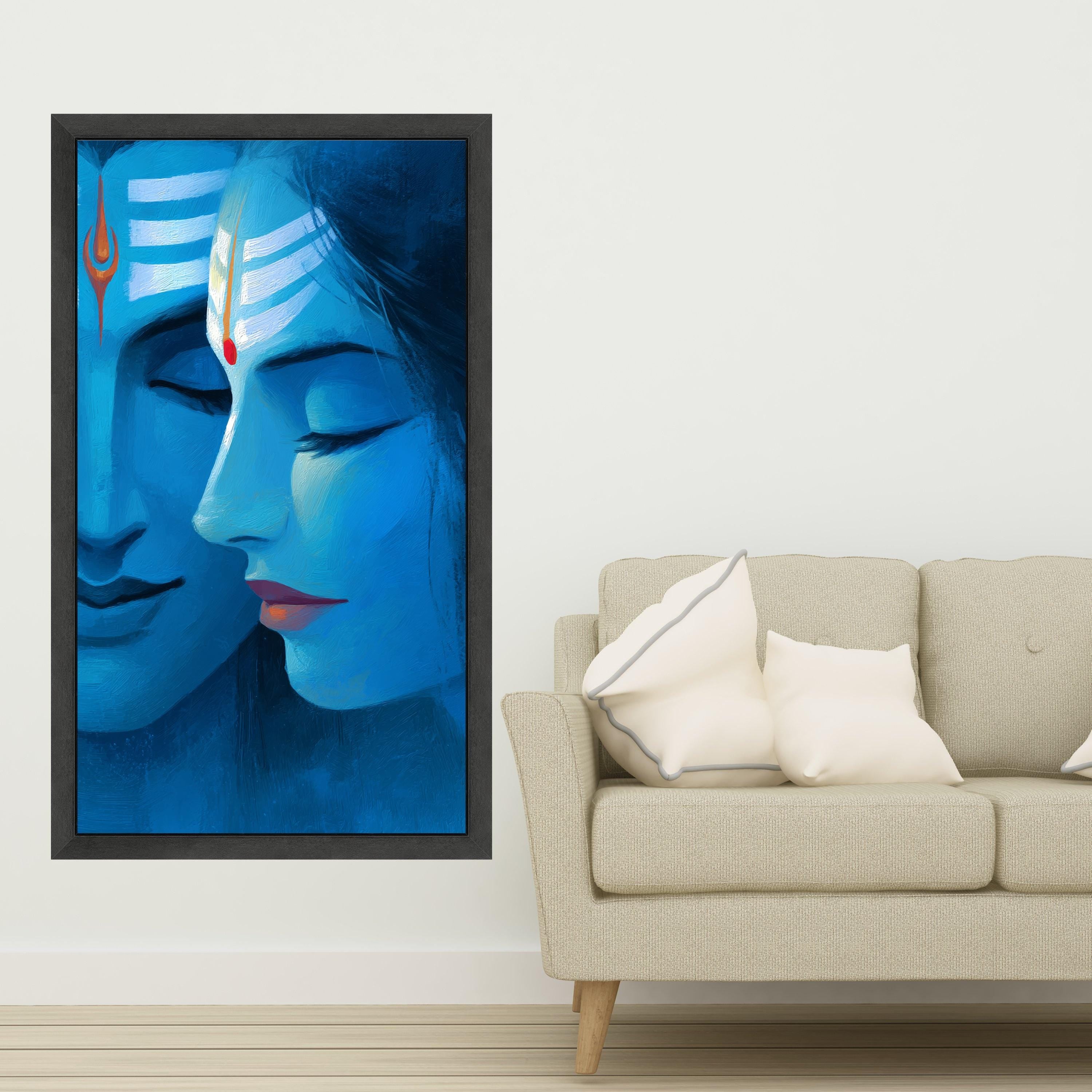 Divine Shiva and Parvati Portrait Canvas, Blue Spiritual Wall Art, Hindu Deity Painting, Mythological Home Decor, Meditative Canvas Art