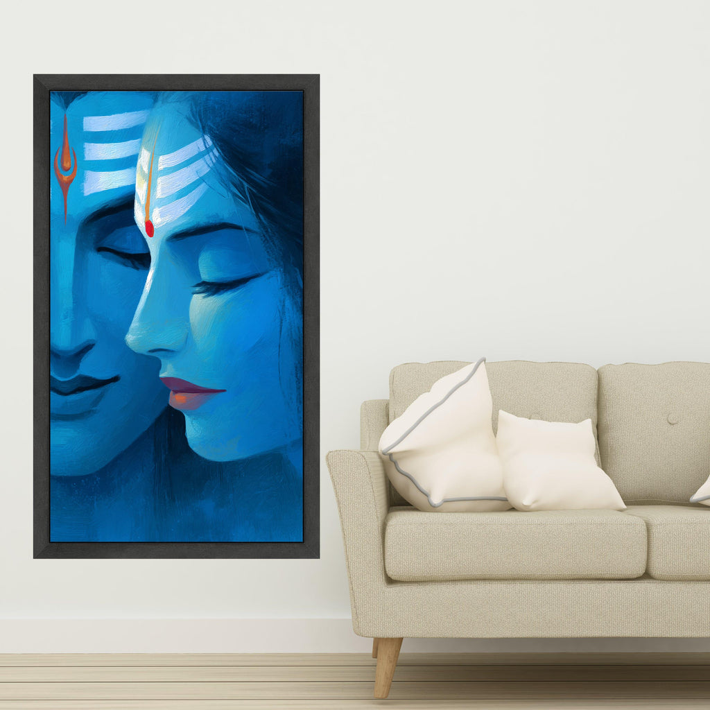 Divine Shiva and Parvati Portrait Canvas, Blue Spiritual Wall Art, Hindu Deity Painting, Mythological Home Decor, Meditative Canvas Art