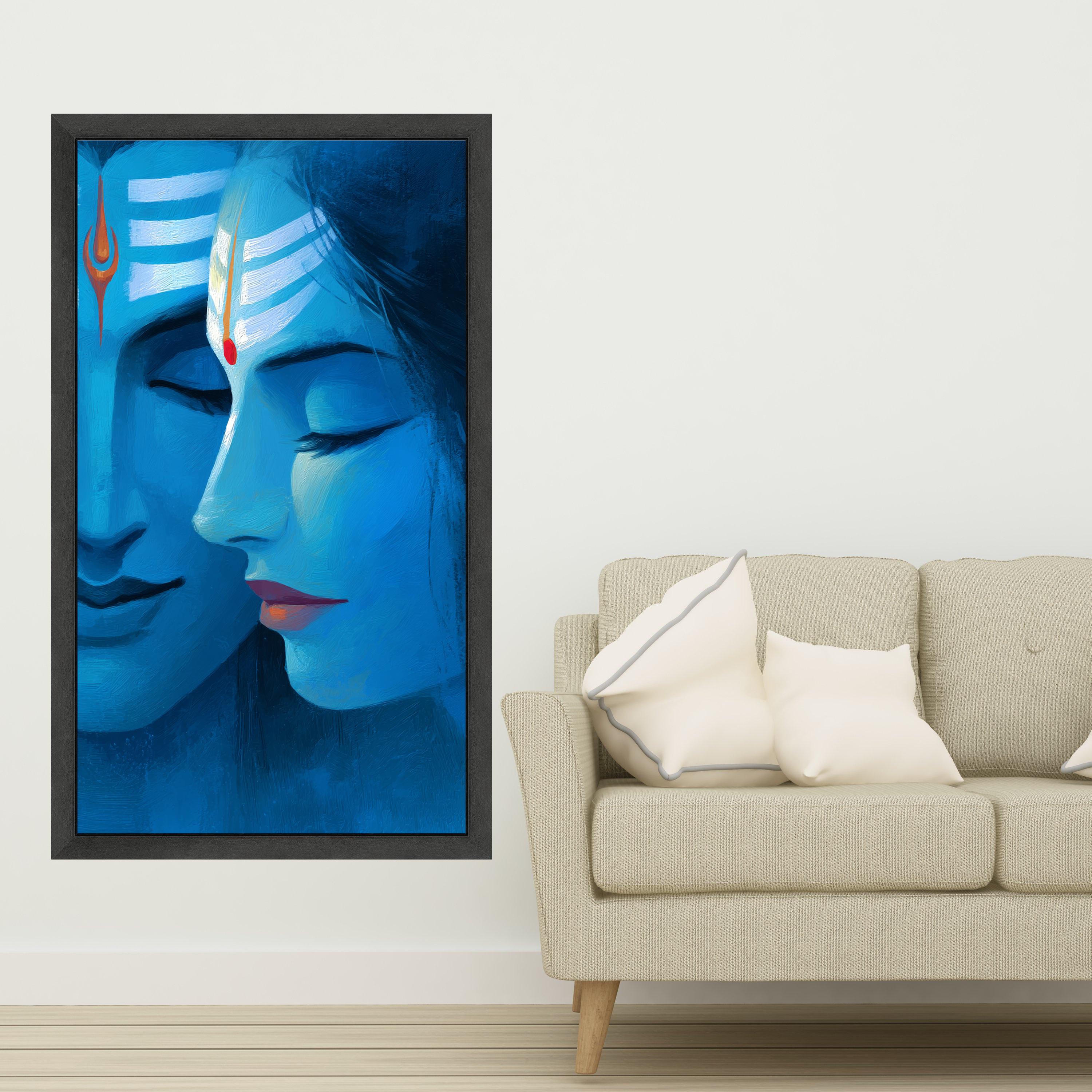Divine Shiva and Parvati Portrait Canvas, Blue Spiritual Wall Art, Hindu Deity Painting, Mythological Home Decor, Meditative Canvas Art