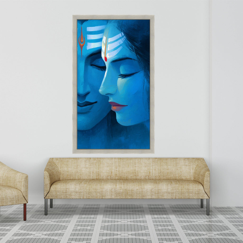 Divine Shiva and Parvati Portrait Canvas, Blue Spiritual Wall Art, Hindu Deity Painting, Mythological Home Decor, Meditative Canvas Art