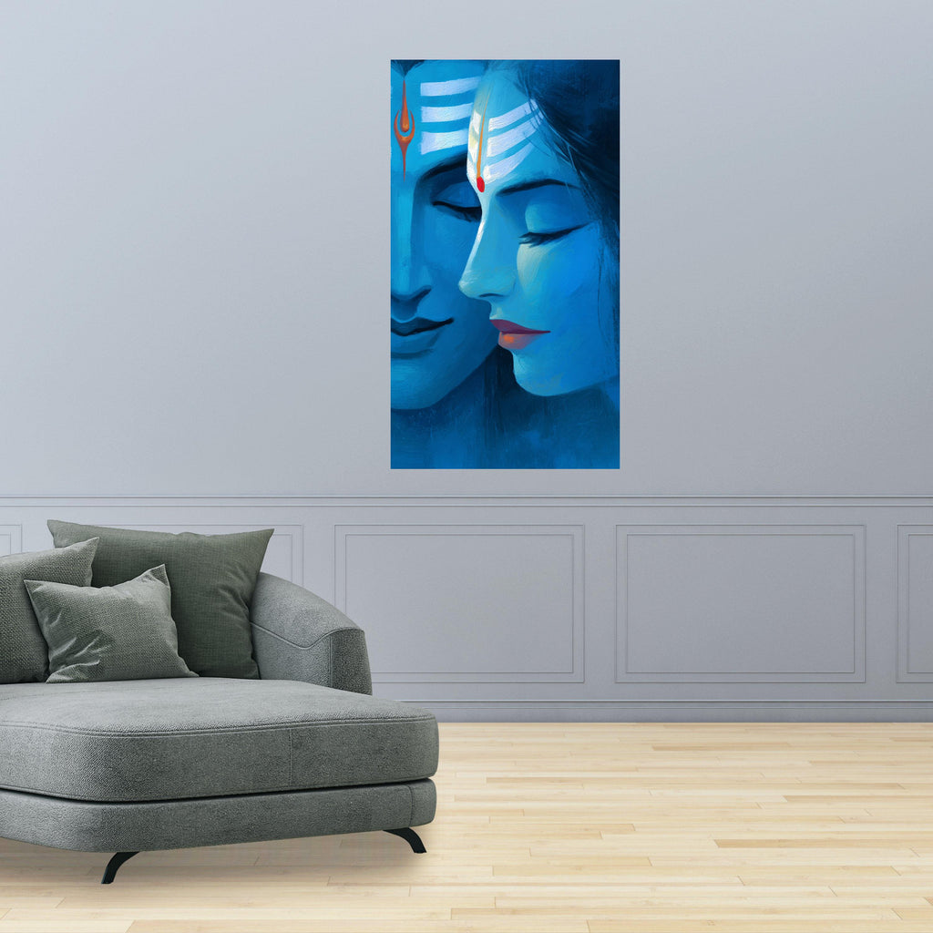Divine Shiva and Parvati Portrait Canvas, Blue Spiritual Wall Art, Hindu Deity Painting, Mythological Home Decor, Meditative Canvas Art