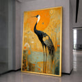 Elegant Crane Bird Canvas Wall Art, Abstract Nature Painting, Golden Orange Floral Background, Wildlife Home Décor, Ready to Hang Canvas