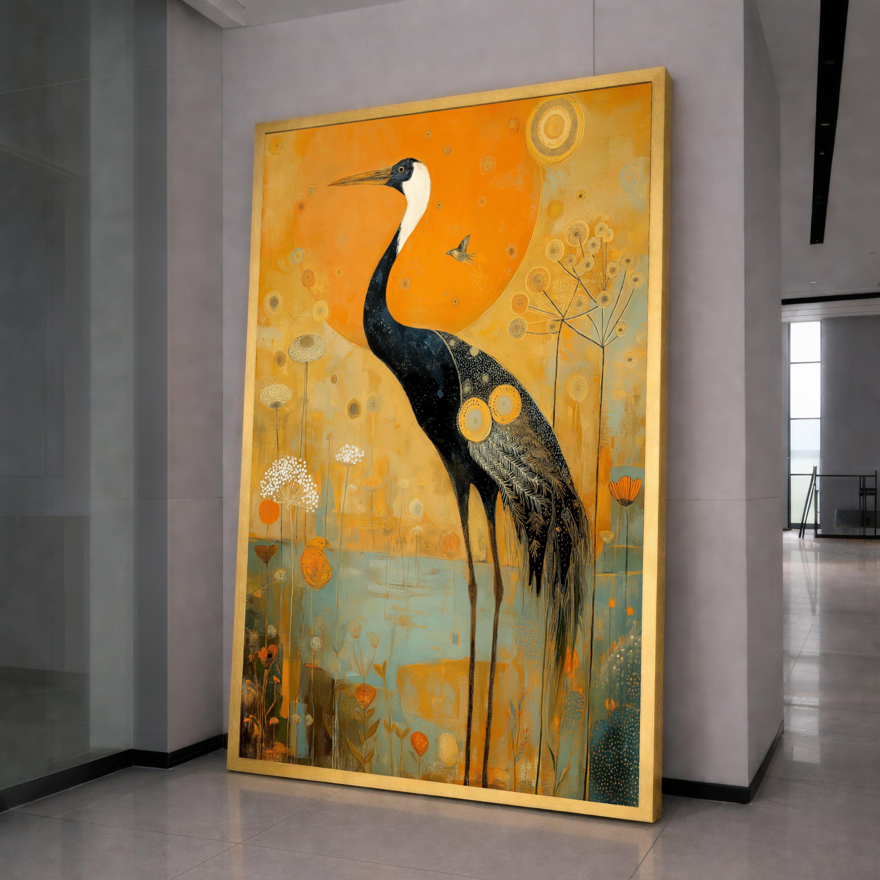 Elegant Crane Bird Canvas Wall Art, Abstract Nature Painting, Golden Orange Floral Background, Wildlife Home Décor, Ready to Hang Canvas