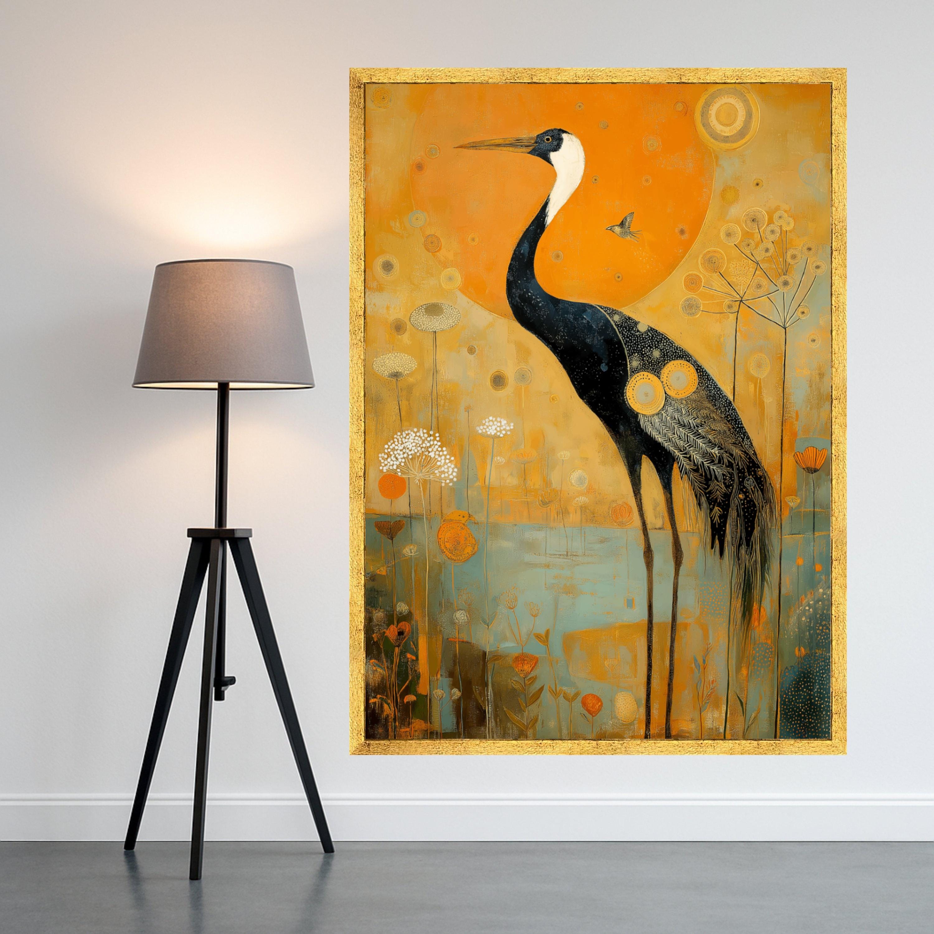 Elegant Crane Bird Canvas Wall Art, Abstract Nature Painting, Golden Orange Floral Background, Wildlife Home Décor, Ready to Hang Canvas