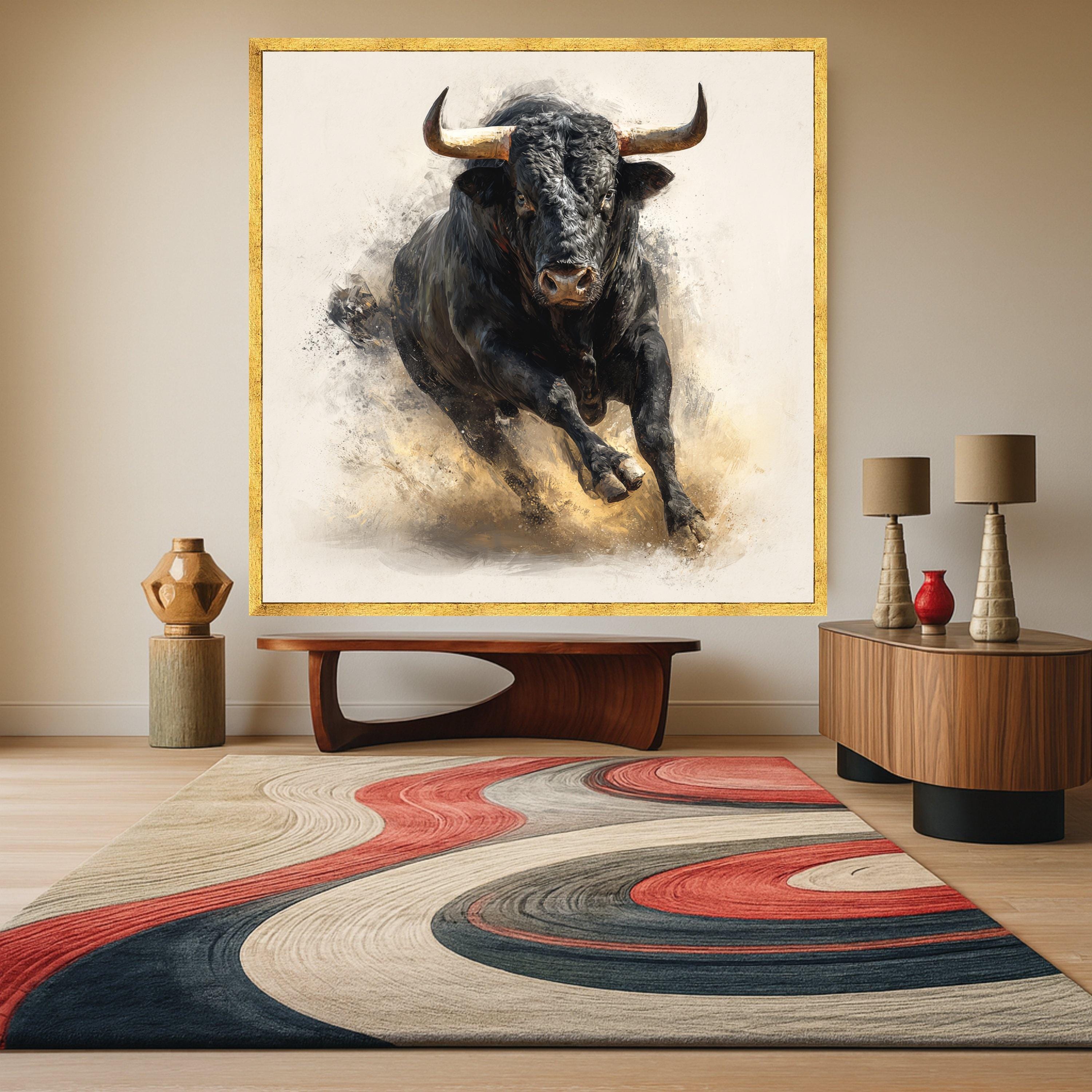 Charging Bull Canvas Wall Art, Powerful Black Bull Painting, Rustic Animal Art, Farmhouse Decor, Dynamic Wildlife Canvas, Ready to Hang