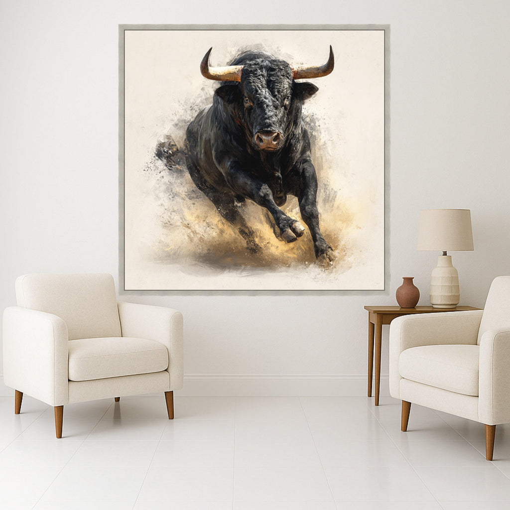 Charging Bull Canvas Wall Art, Powerful Black Bull Painting, Rustic Animal Art, Farmhouse Decor, Dynamic Wildlife Canvas, Ready to Hang