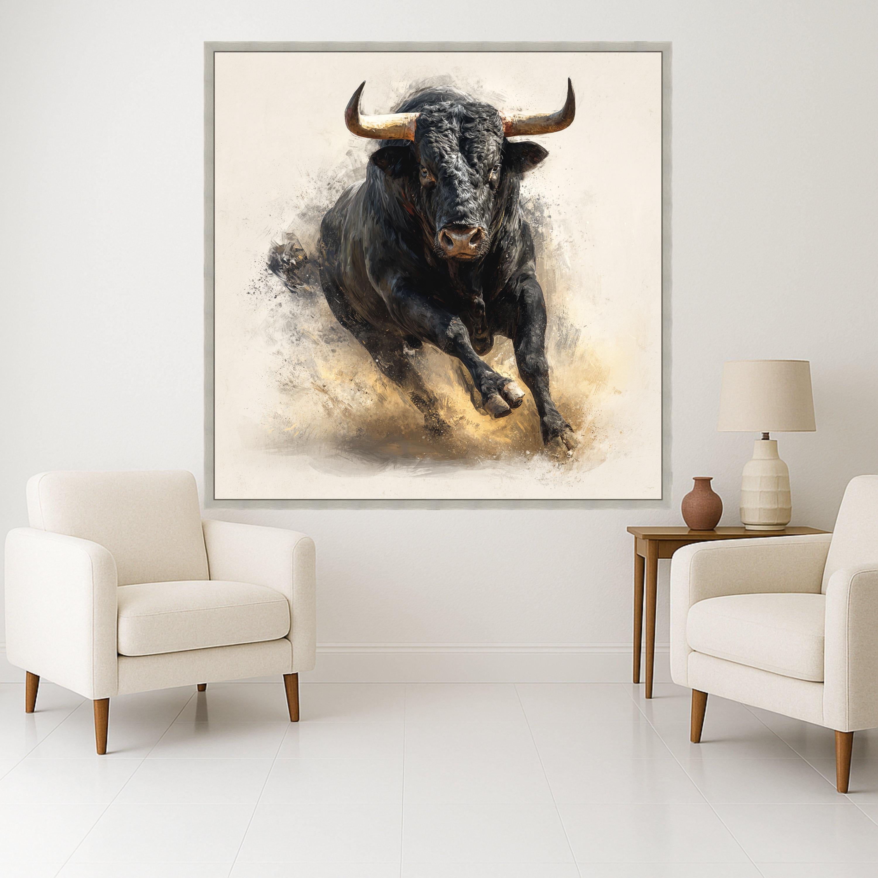 Charging Bull Canvas Wall Art, Powerful Black Bull Painting, Rustic Animal Art, Farmhouse Decor, Dynamic Wildlife Canvas, Ready to Hang